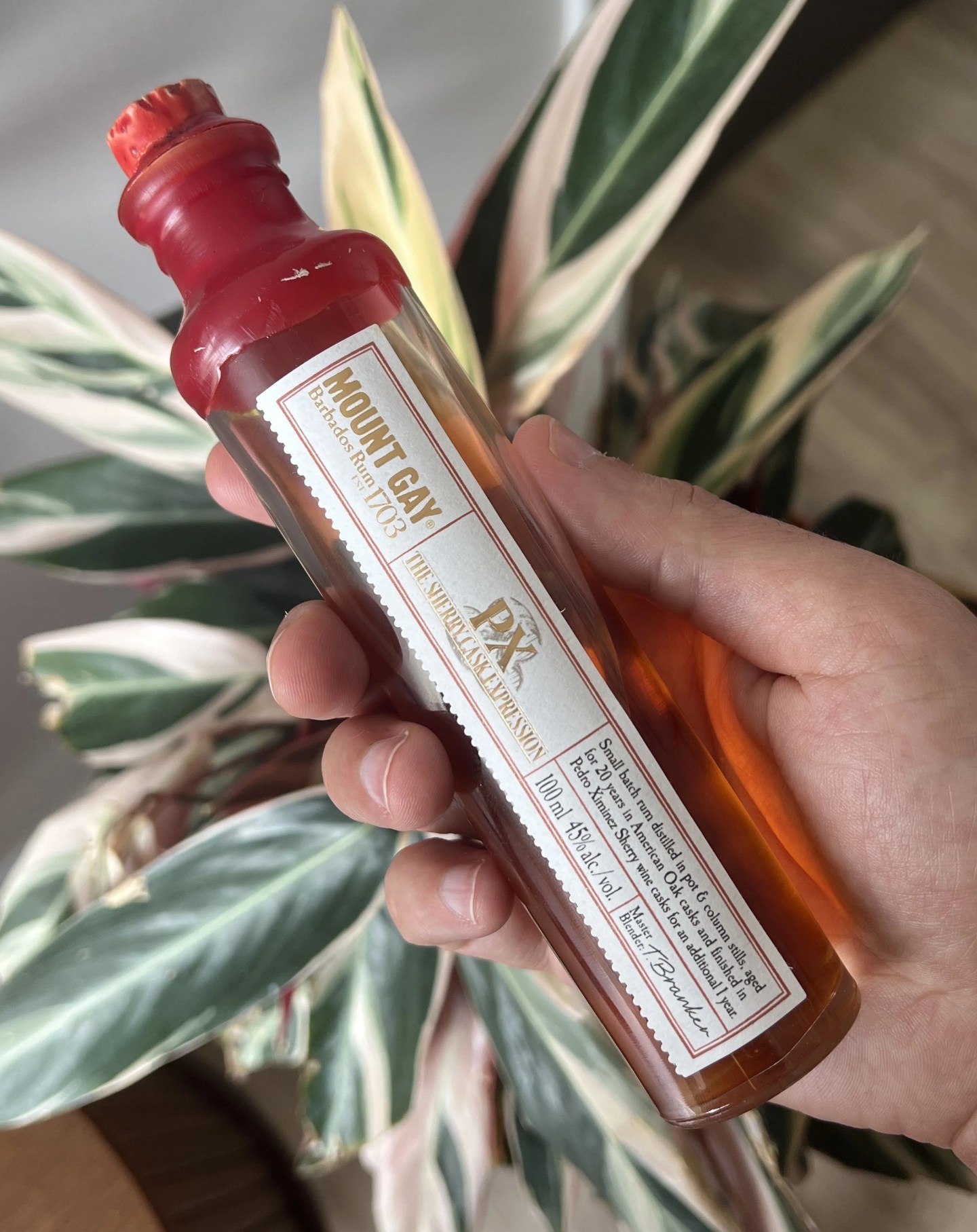 sample bottle of mount gay px sherry cask rum