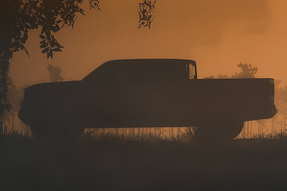 silhouette of scout motors truck in a swamp