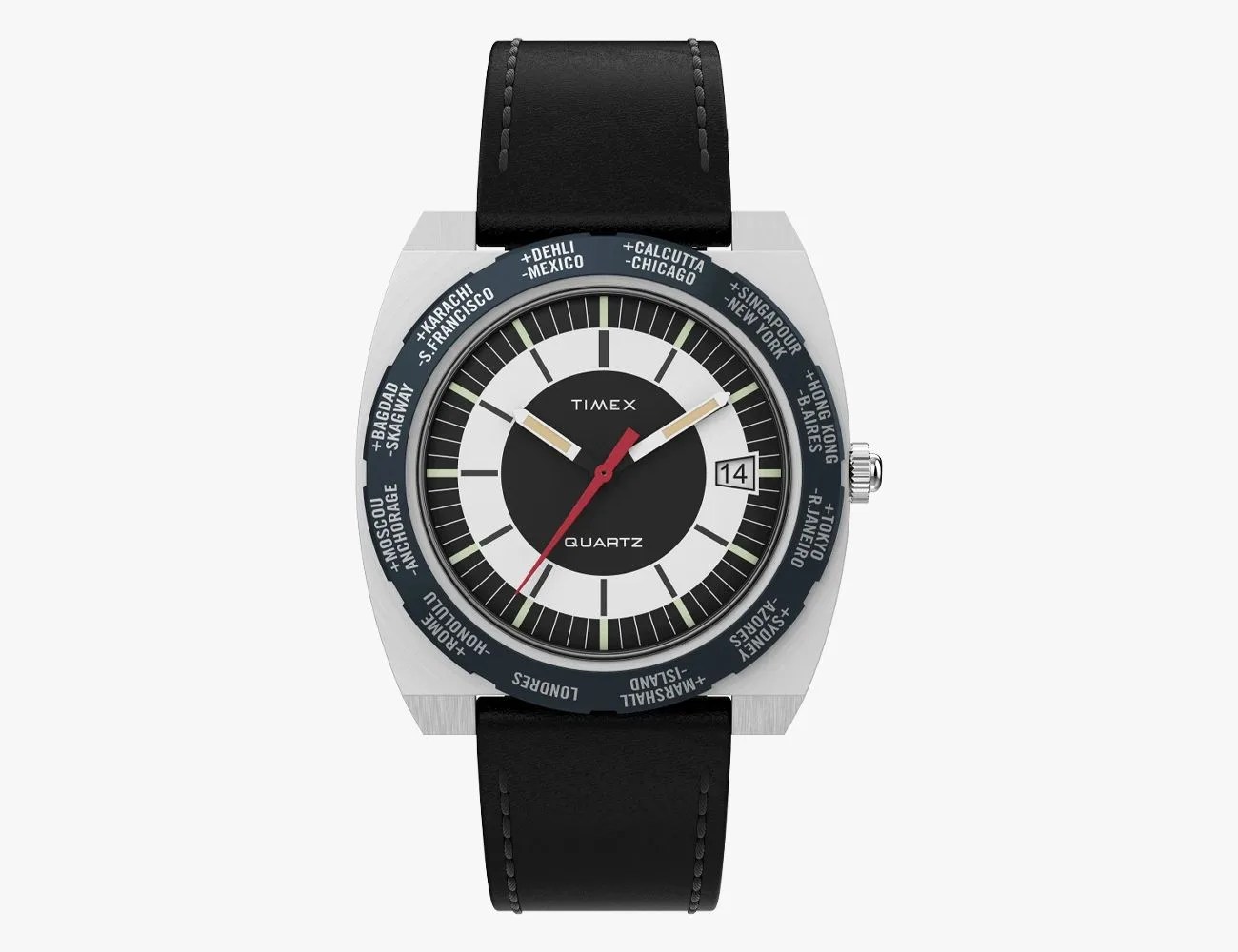 timex world time 1972 reissue 39mm leather strap watch