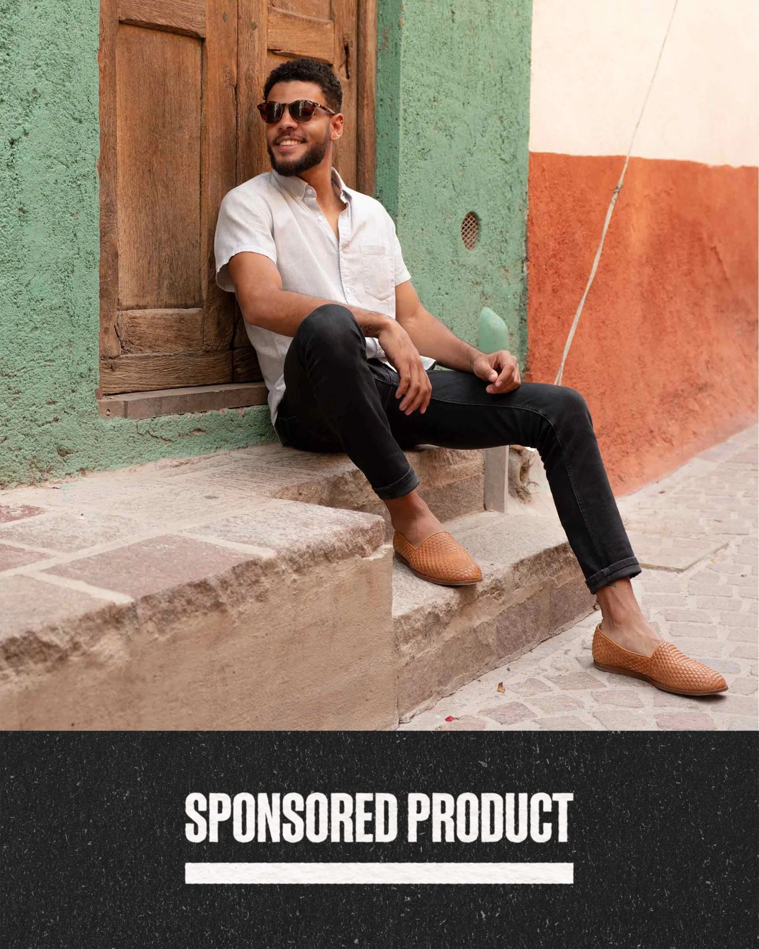 sponsored product man wearing nisolo alejandro woven slip ons