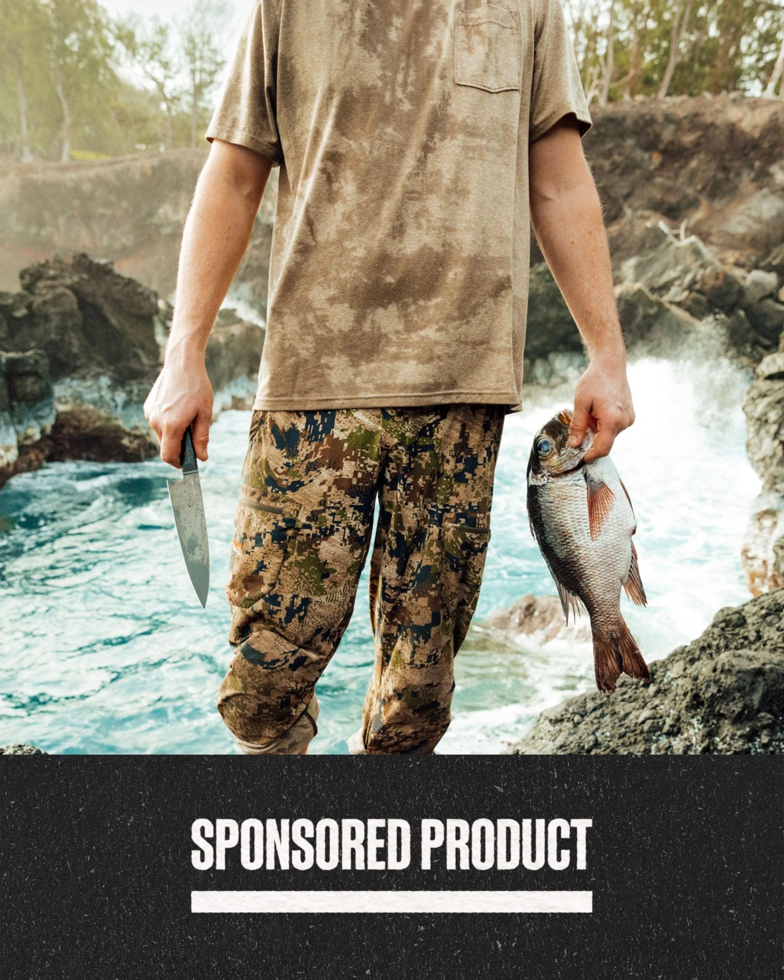 sponsored product man holding the james brand x sitka gear the anzick knife and fish