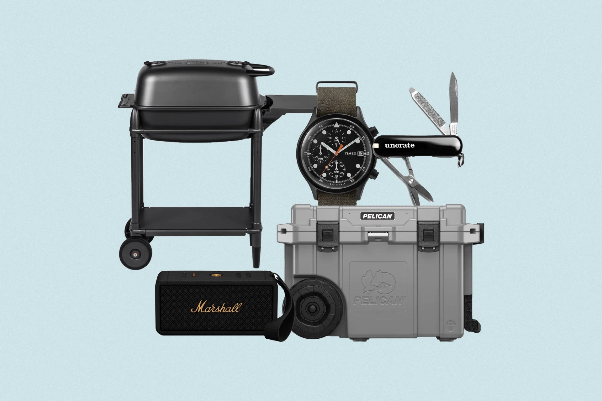 collage of uncrate items grill time watch pelican marshall speaker