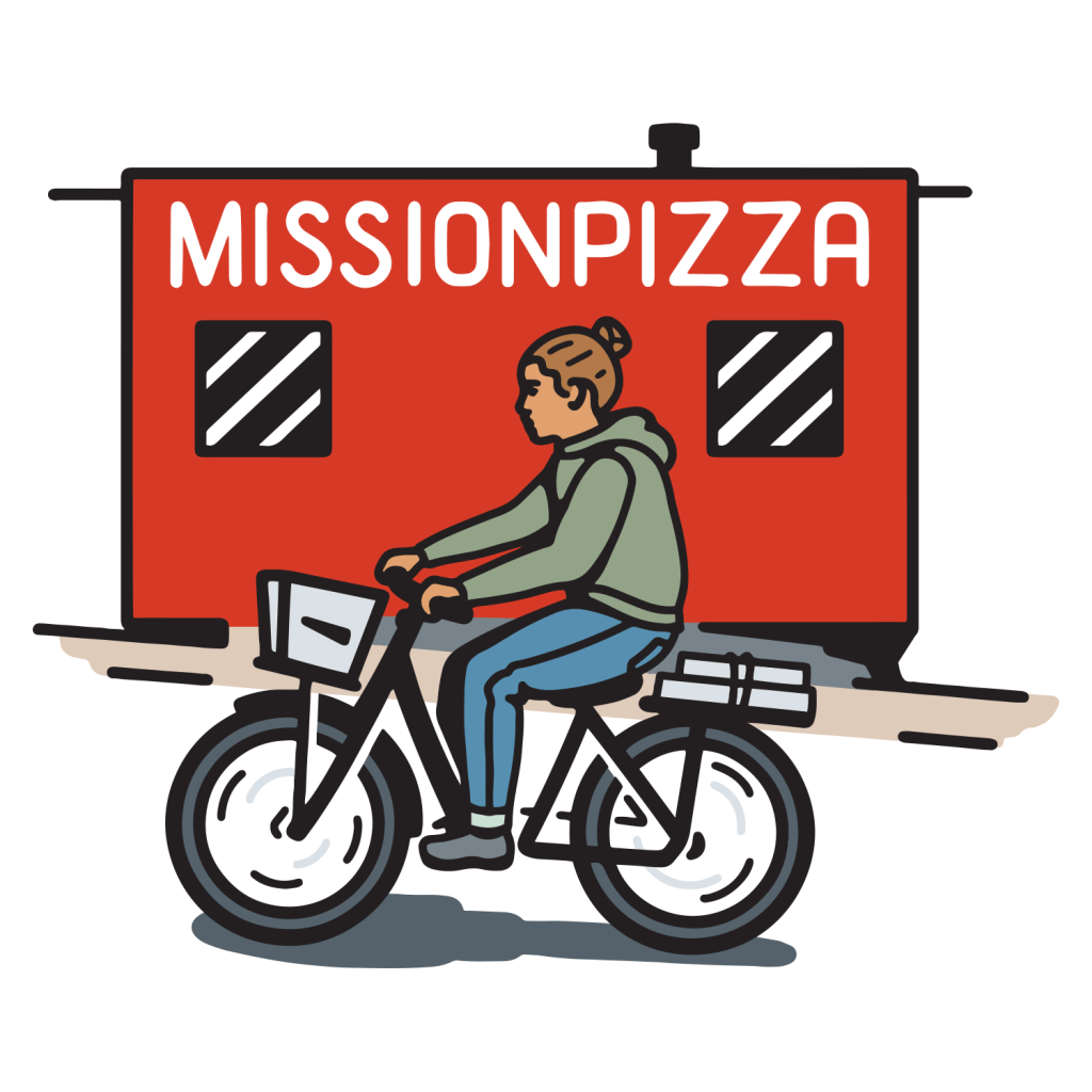 woman riding past mission pizza on bike