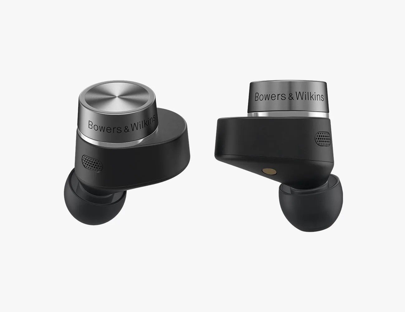 black wireless eardbud headphones on a white backrground