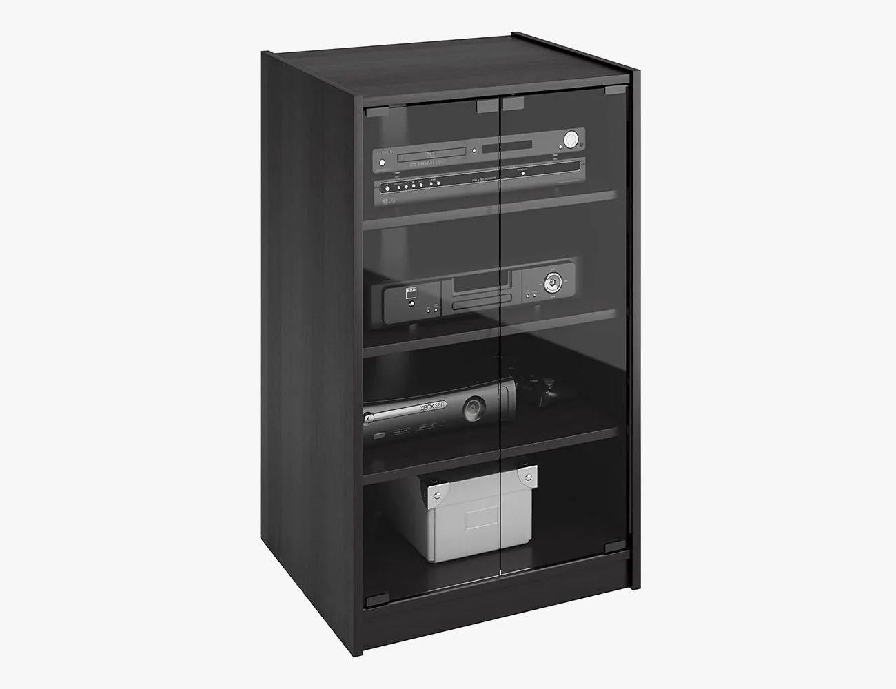 black media cabinet with glass doors