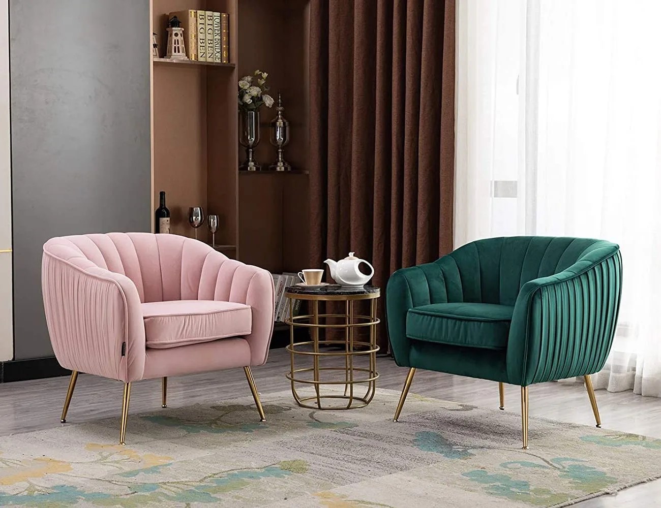 two chairs with a tea pot on a table