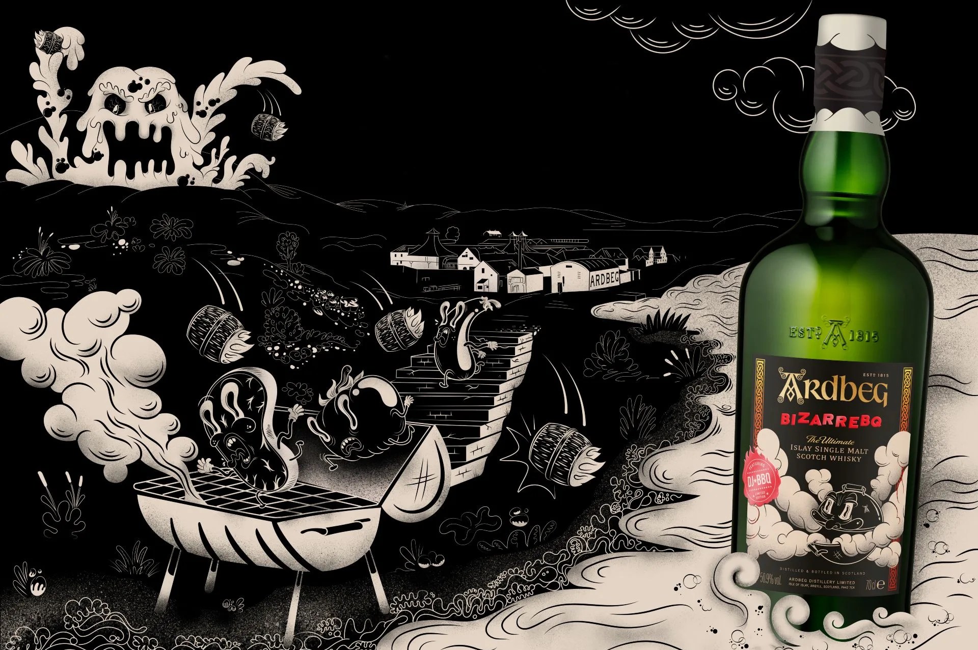 a bottle of ardbeg bizarrebq whisky