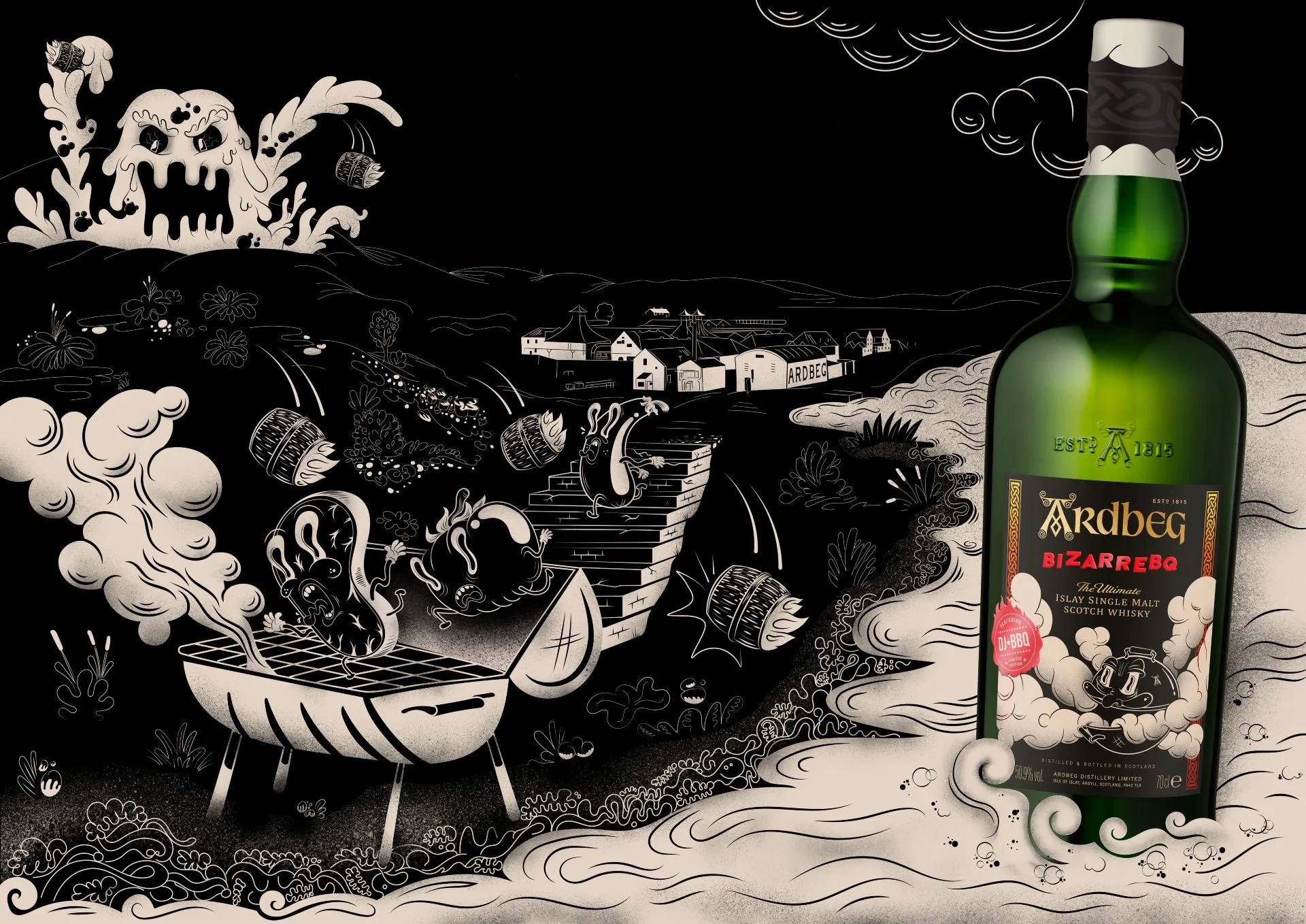 a bottle of ardbeg bizarrebq whisky