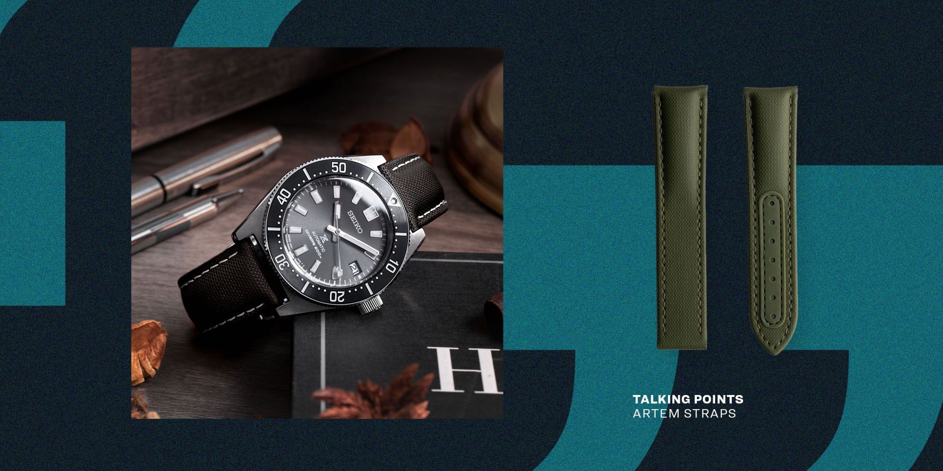 talking points artem straps with black seiko watch on the left and green straps on the right
