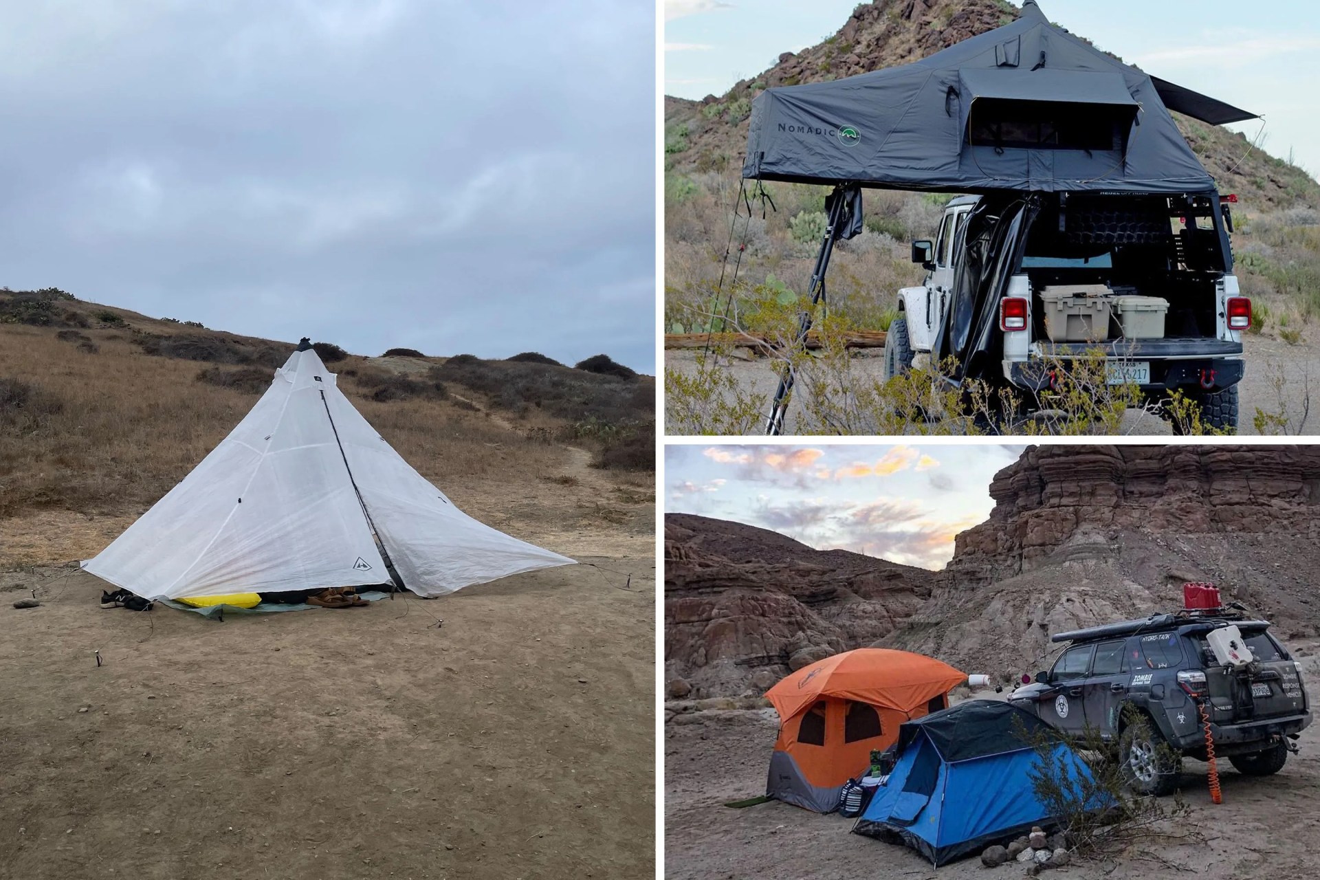 collage of camping tents set up outside