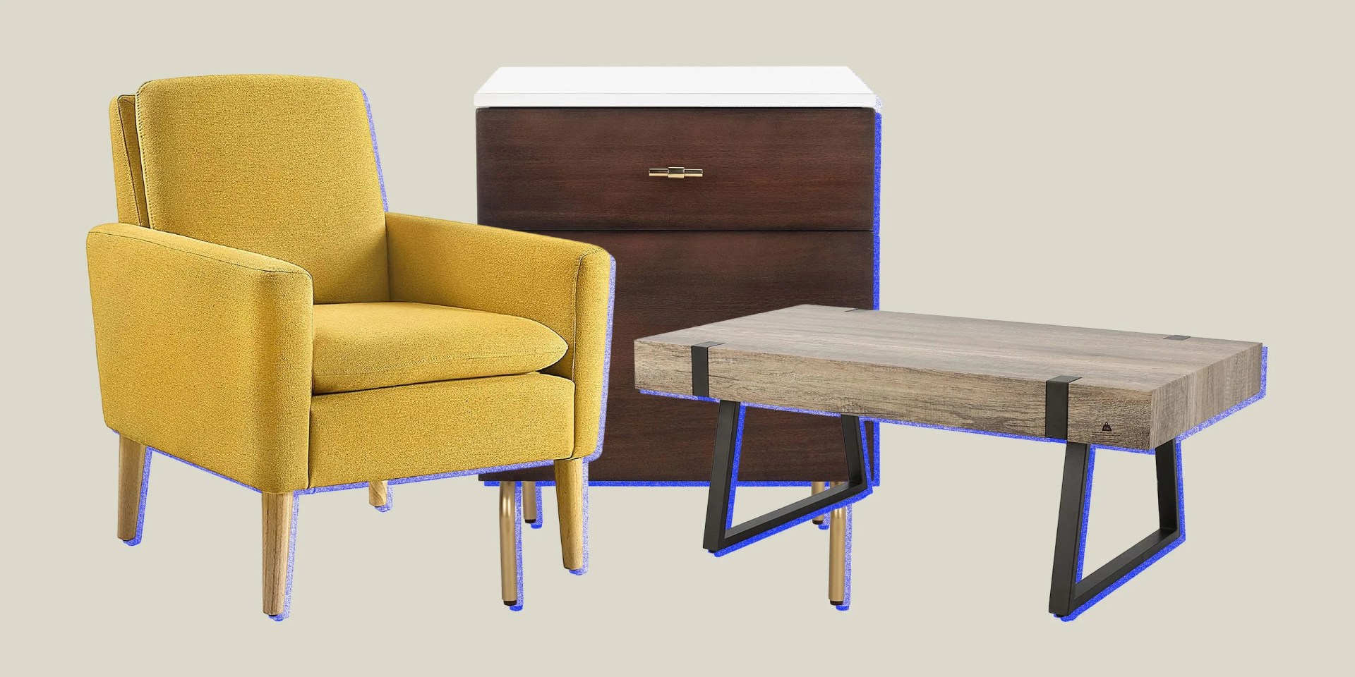 yellow chair, wooden dresser, and a wooden table