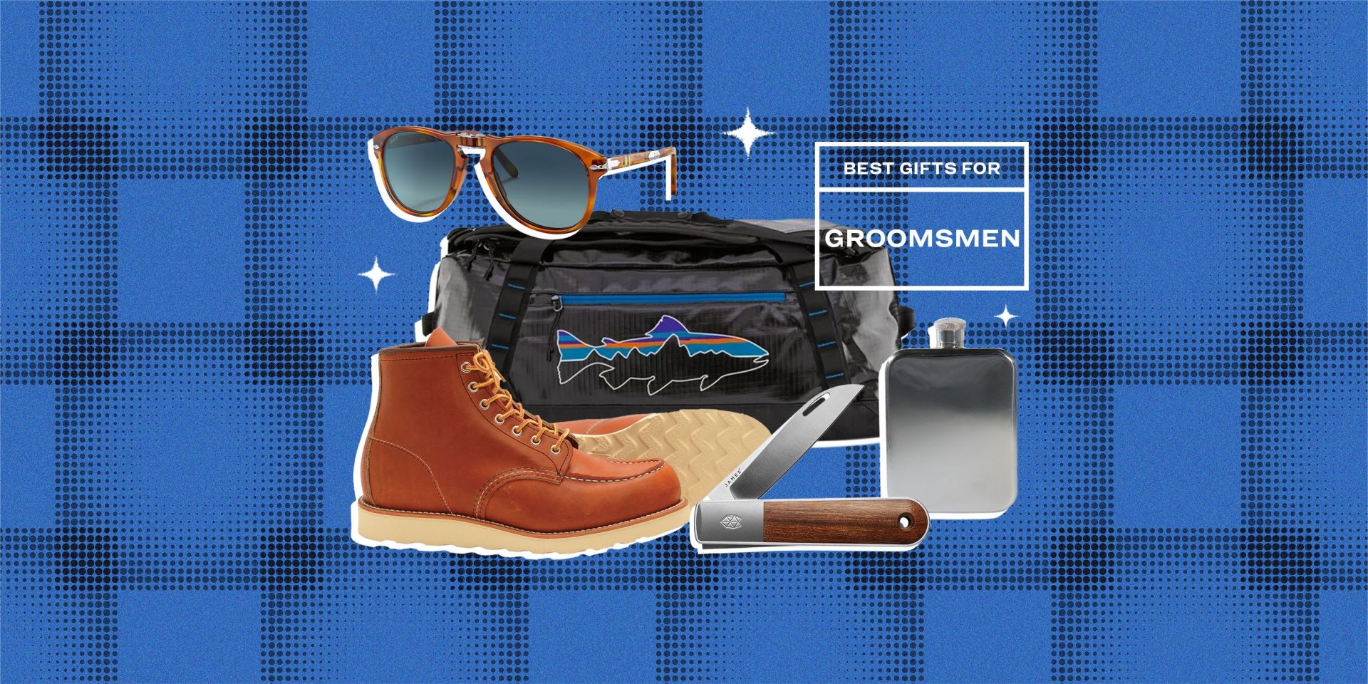 collage of sunglasses, a duffel bag, boots, a pocket knife, and a flask