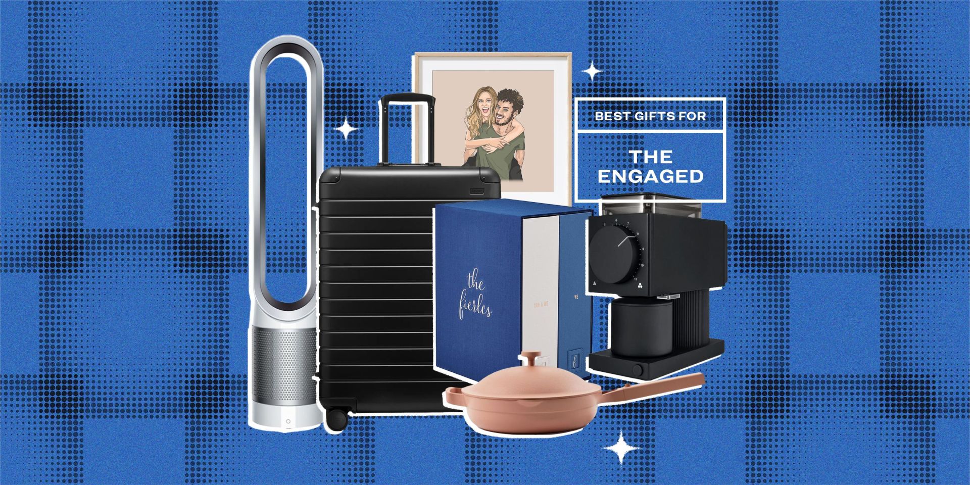 collage of an air purifier, a suitcase, a pan, a photo book, a coffee grinder, and framed art