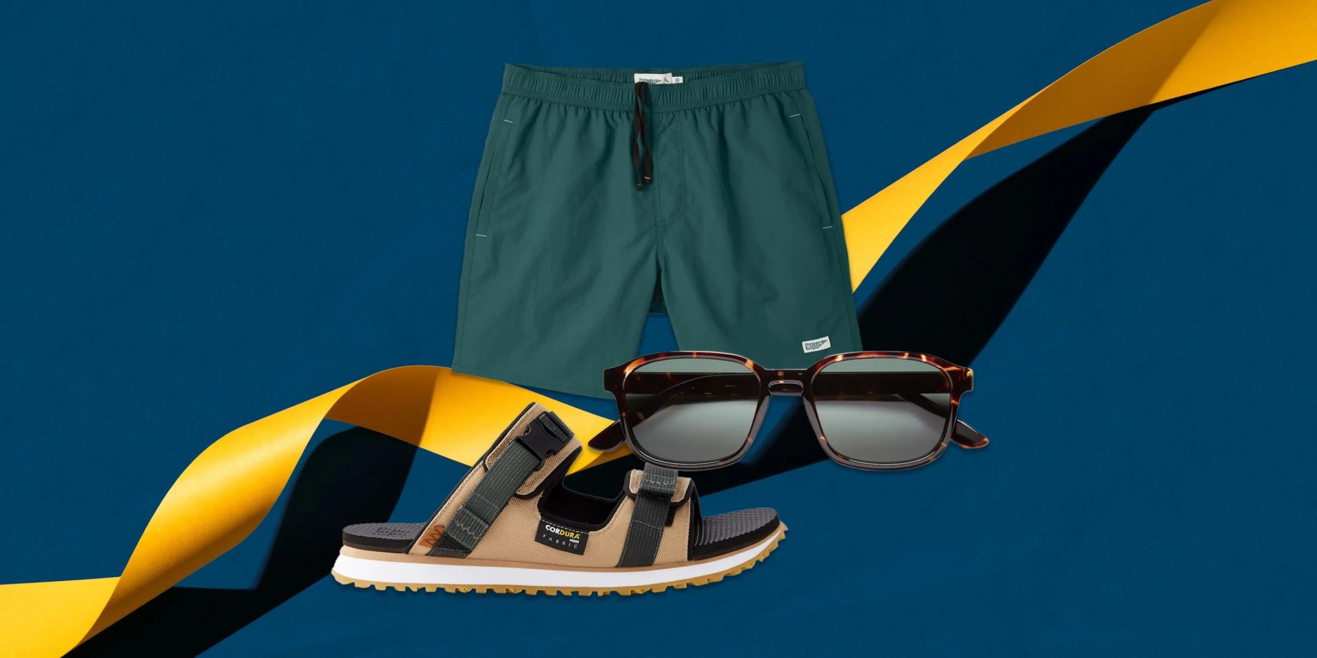 collage of shorts, sunglasses, shoe