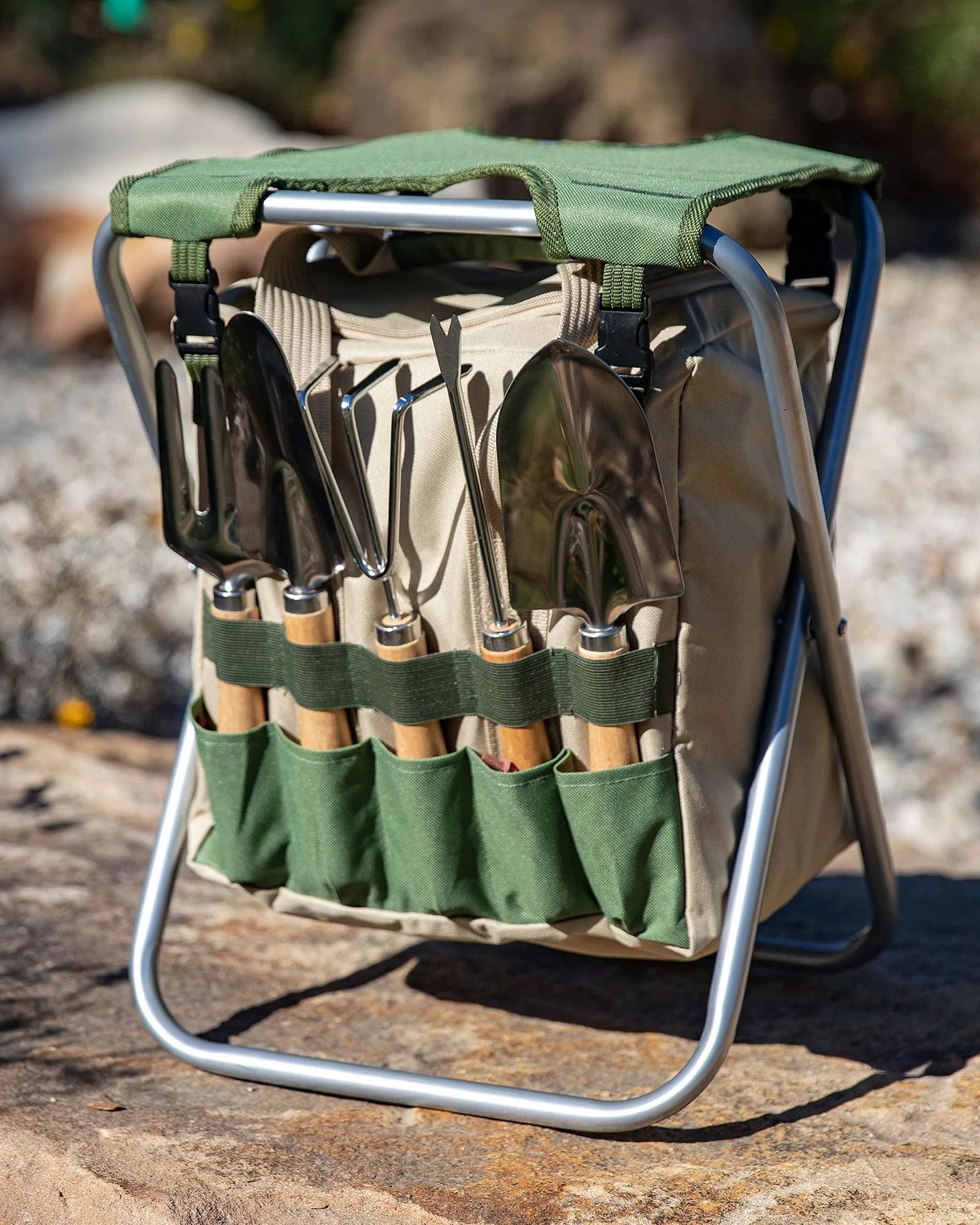 foldable gardening seat with tools and detachable tote