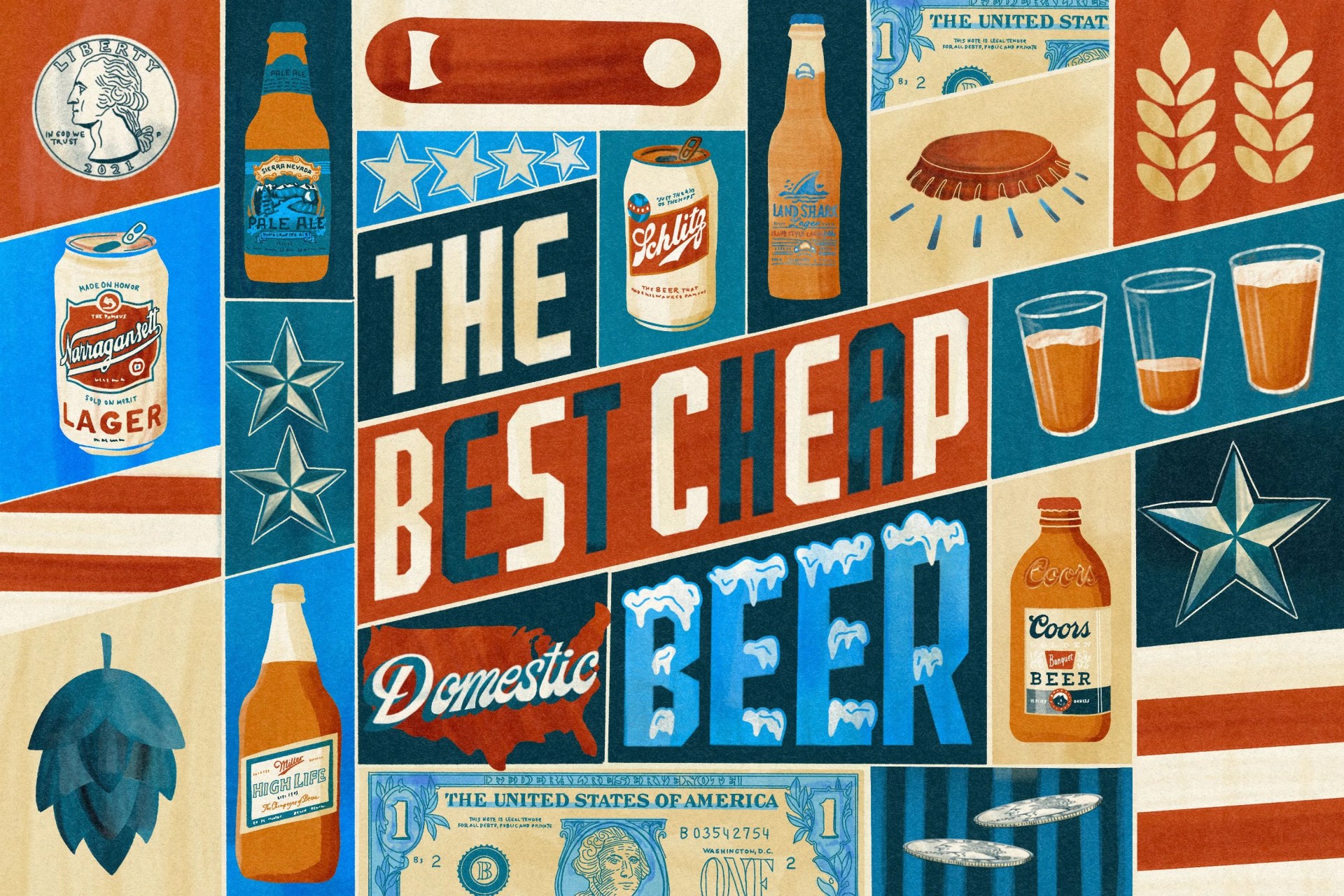 illustration with beer cans, bottles, and glasses and a headline that says the best cheap domestic beer