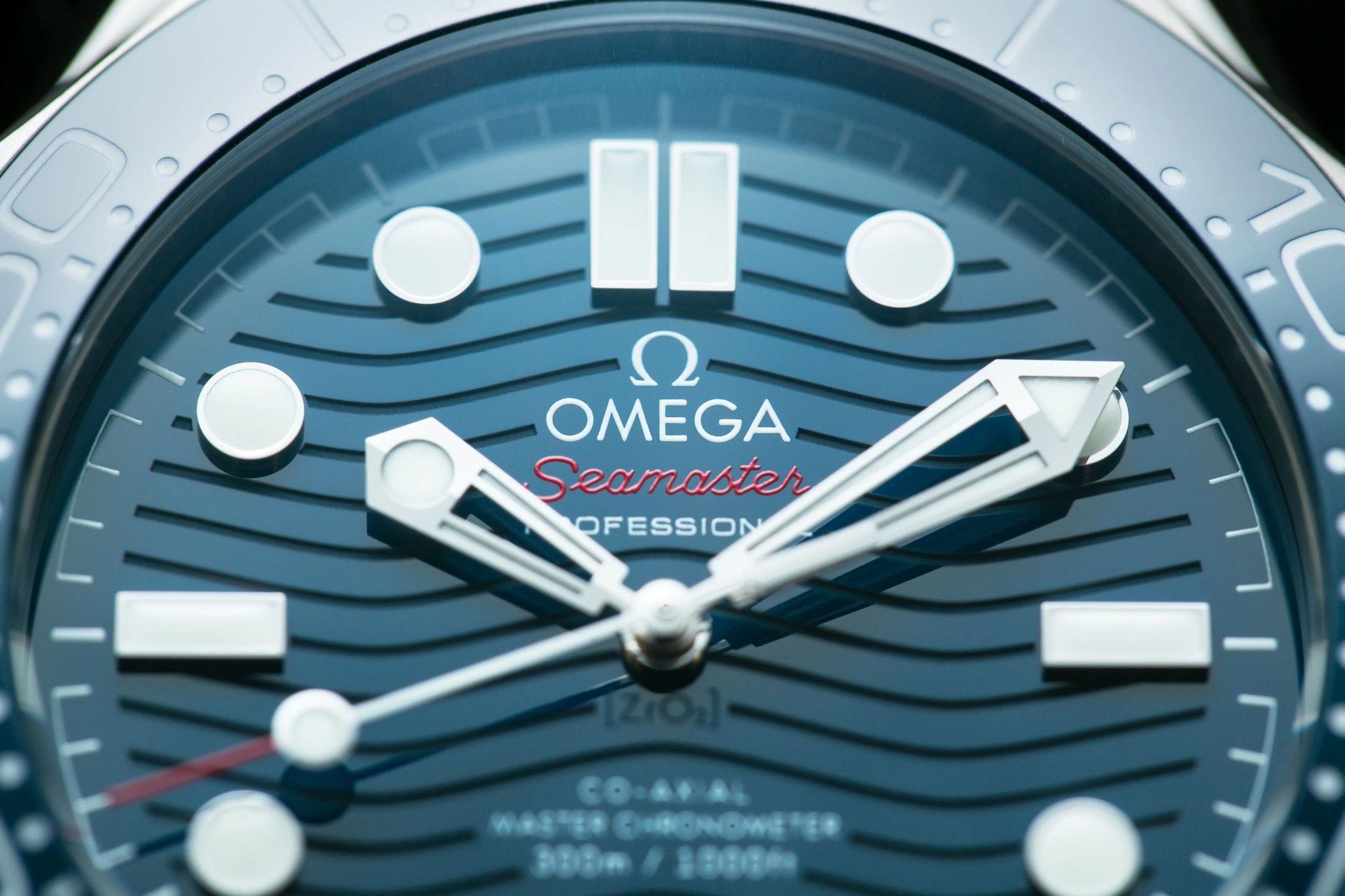 closeup of the omega seamaster diver 300m watch dial