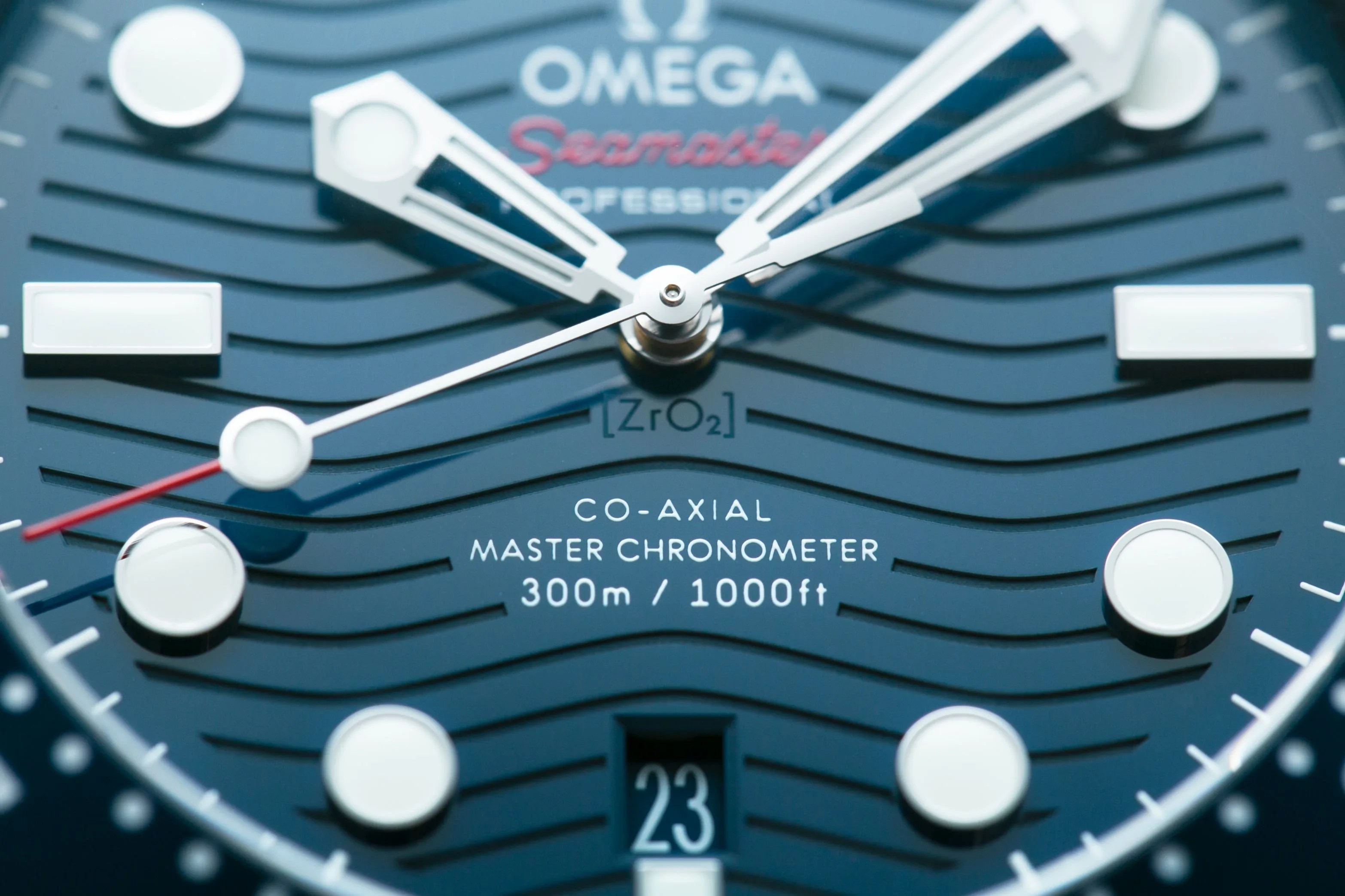 closeup of the omega seamaster diver 300m watch dial