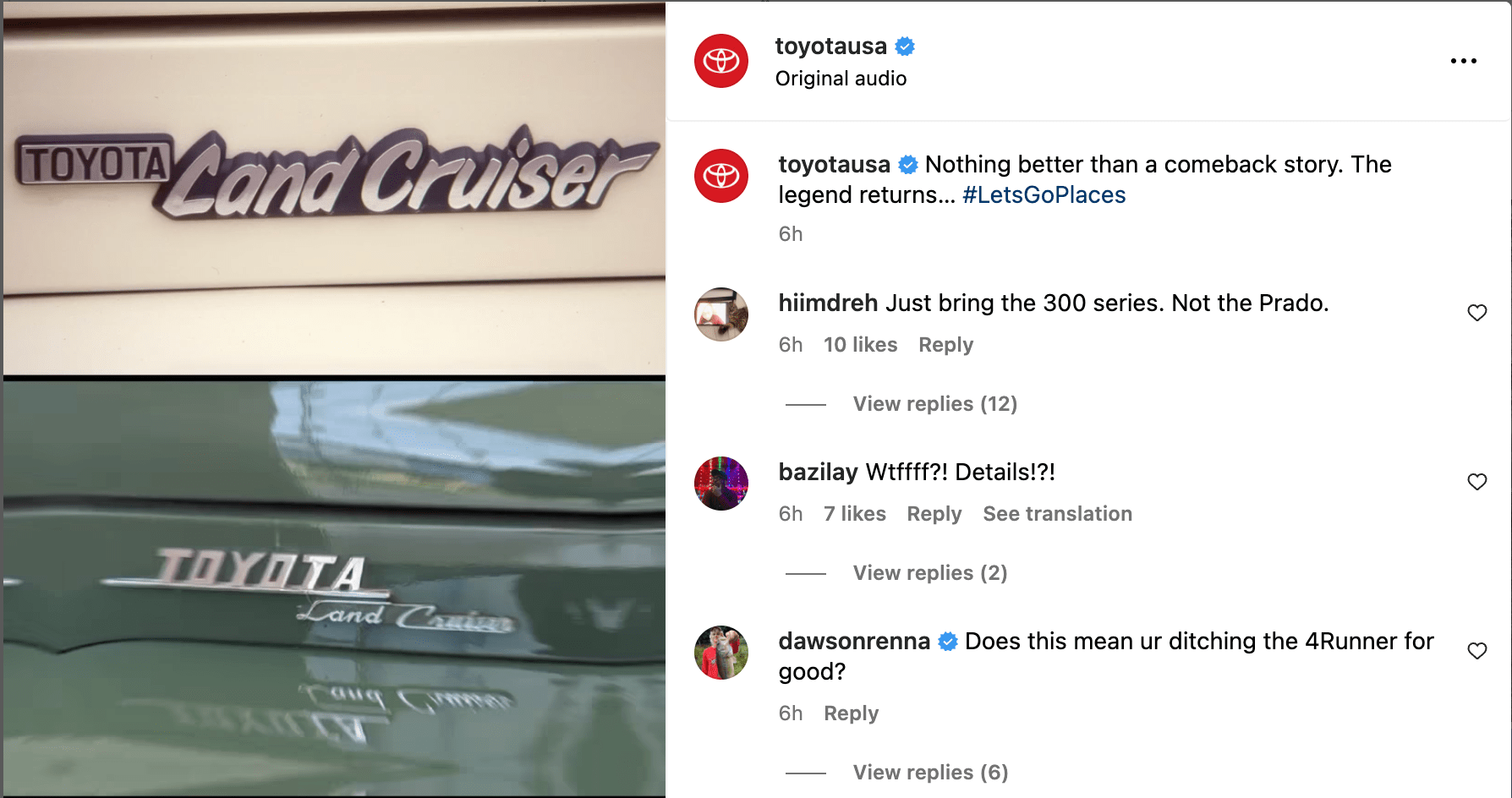 screenshot of toyota instagram post confirming the land cruiser will return