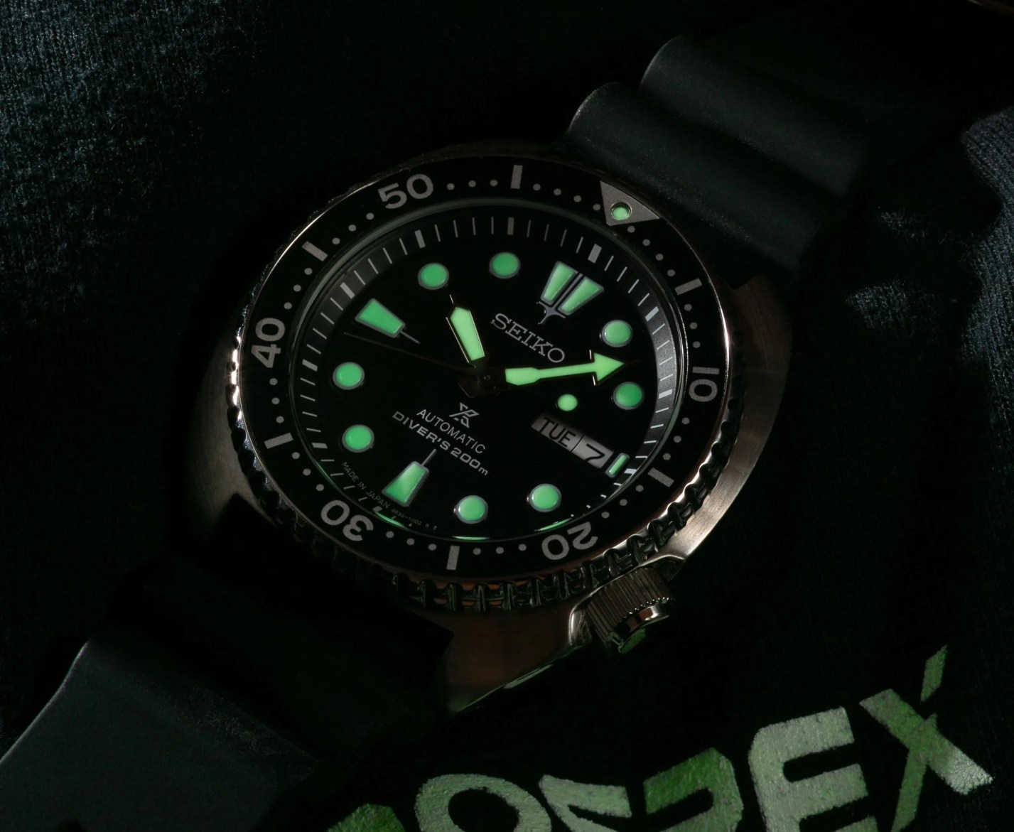 seiko turtle watch in the dark