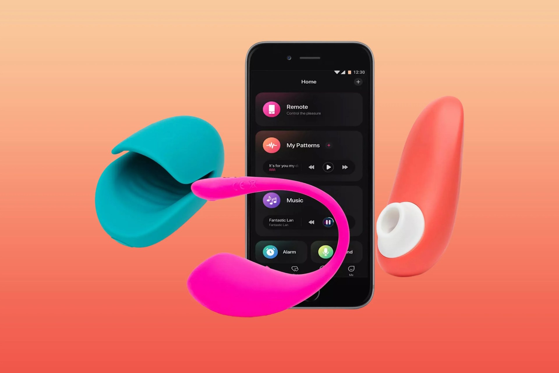 collage of three sex toys with an app open on a phone