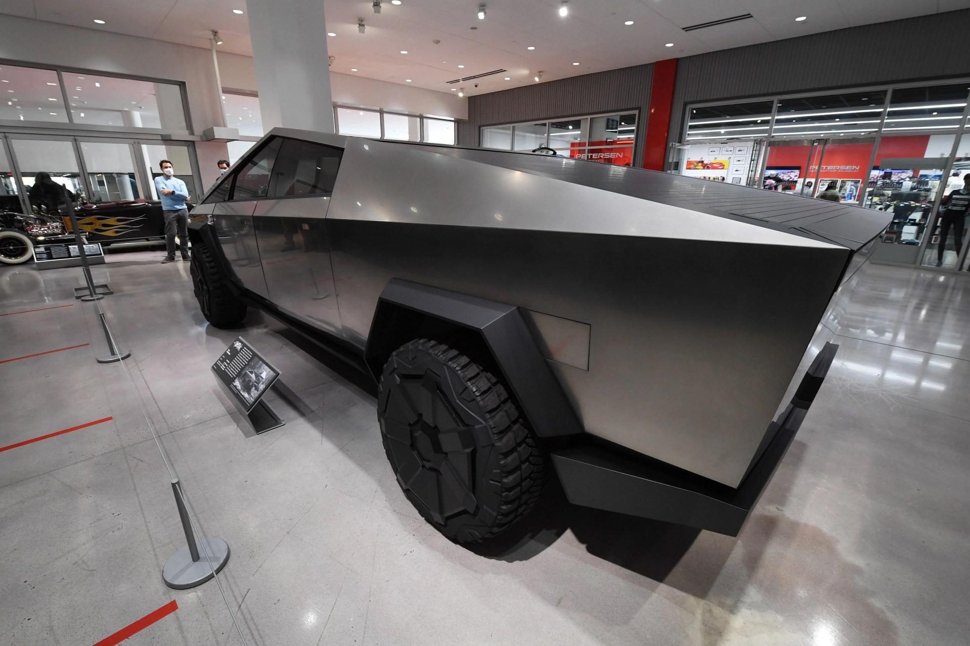 tesla cybertruck in a museum display