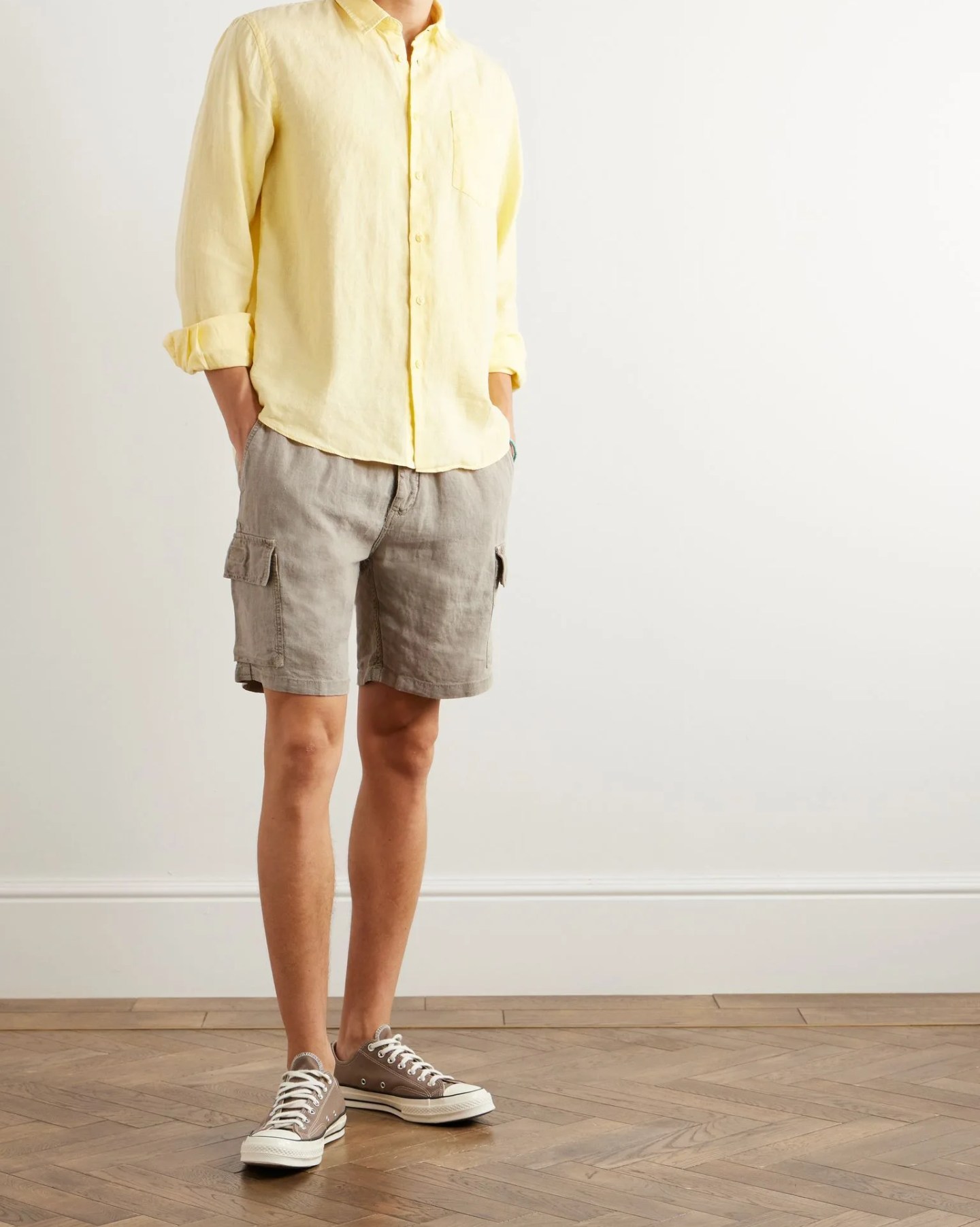 man wearing vilebrequin baie straight leg linen drawstring cargo shorts
