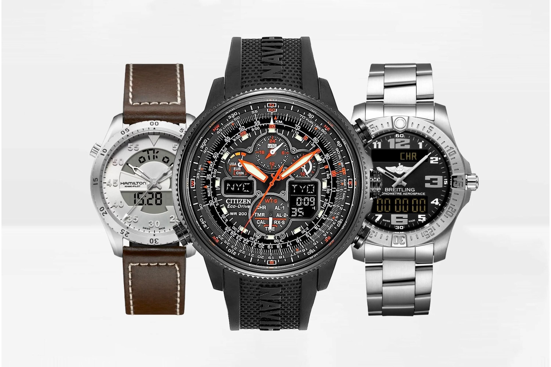 collage of watches digital analog citizen hamilton breitling