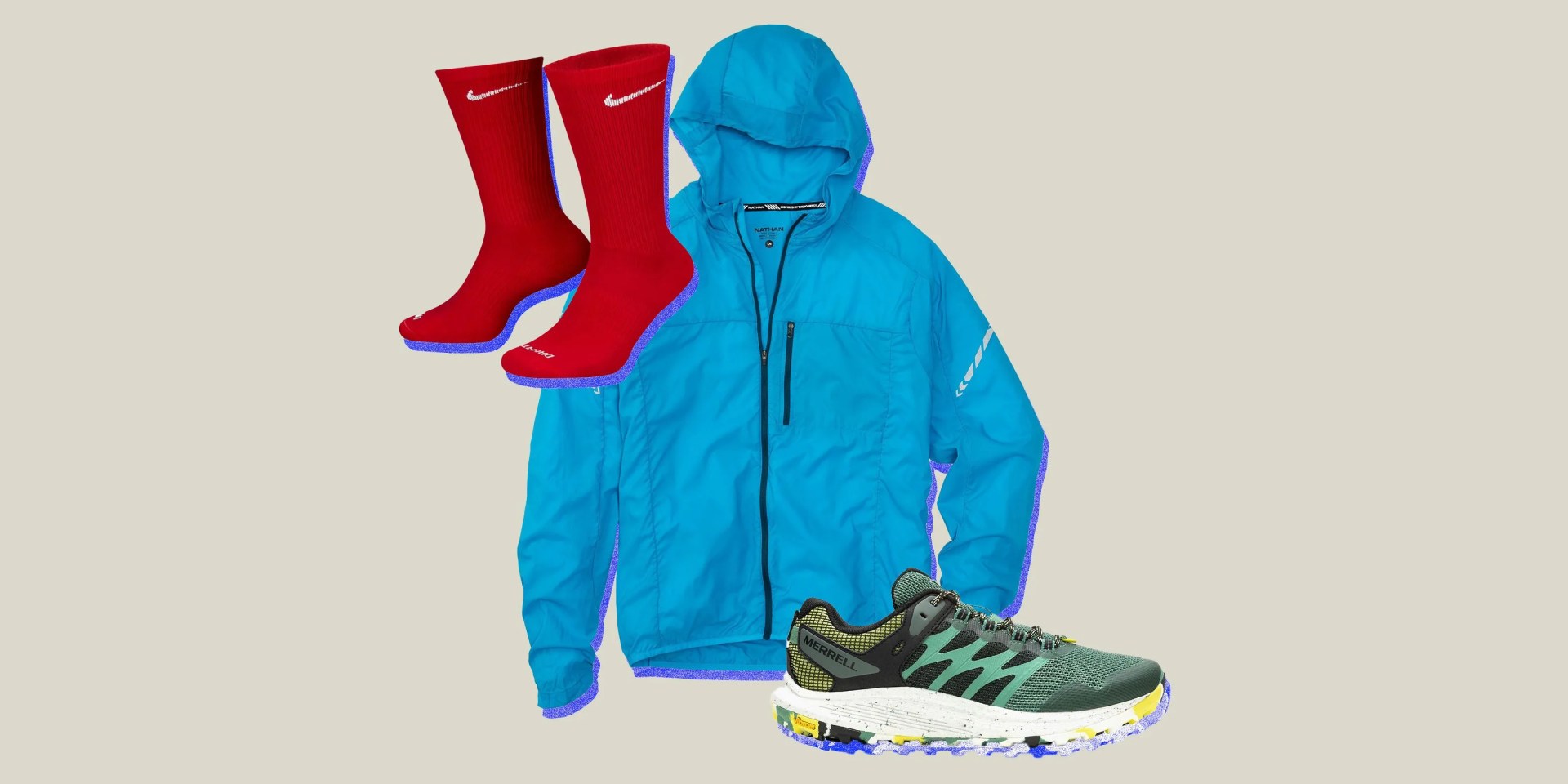collage of a pair of socks, a windbreaker jacket, and a sneaker