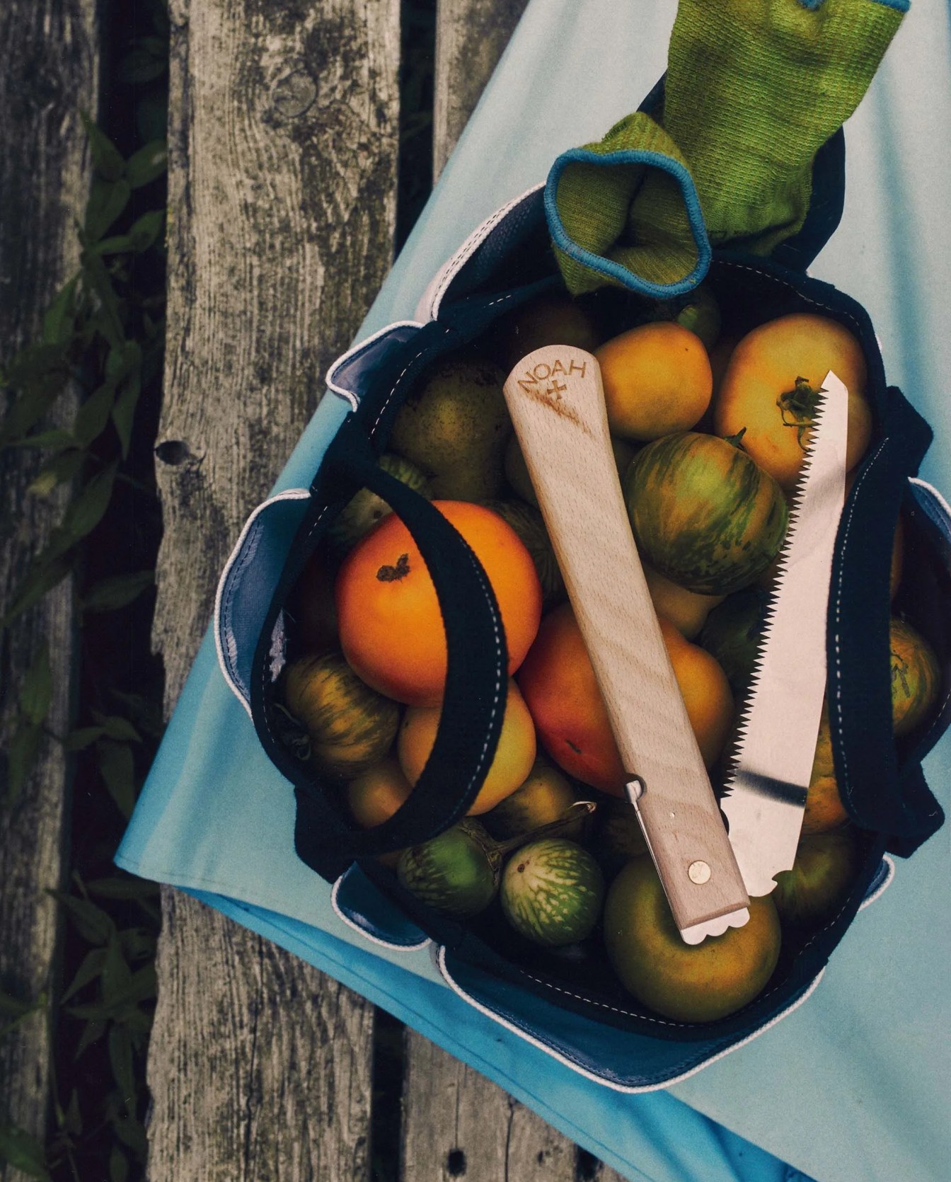 noah x niwaki gardening tools and fruit in tote bag