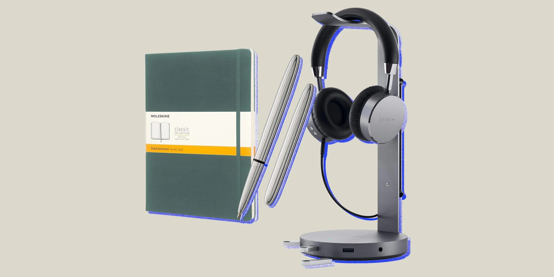collage of a notebook, pen, and headphones on a headphone stand