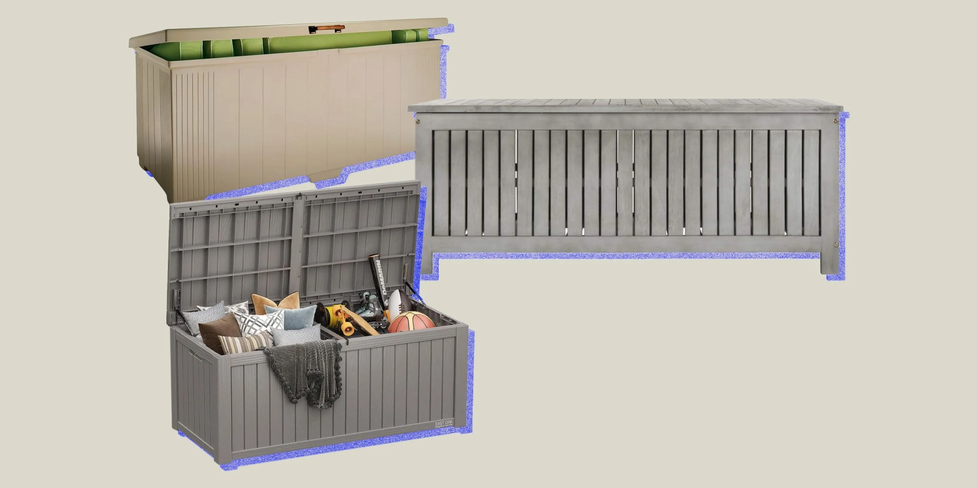 collage of three outdoor storage boxes