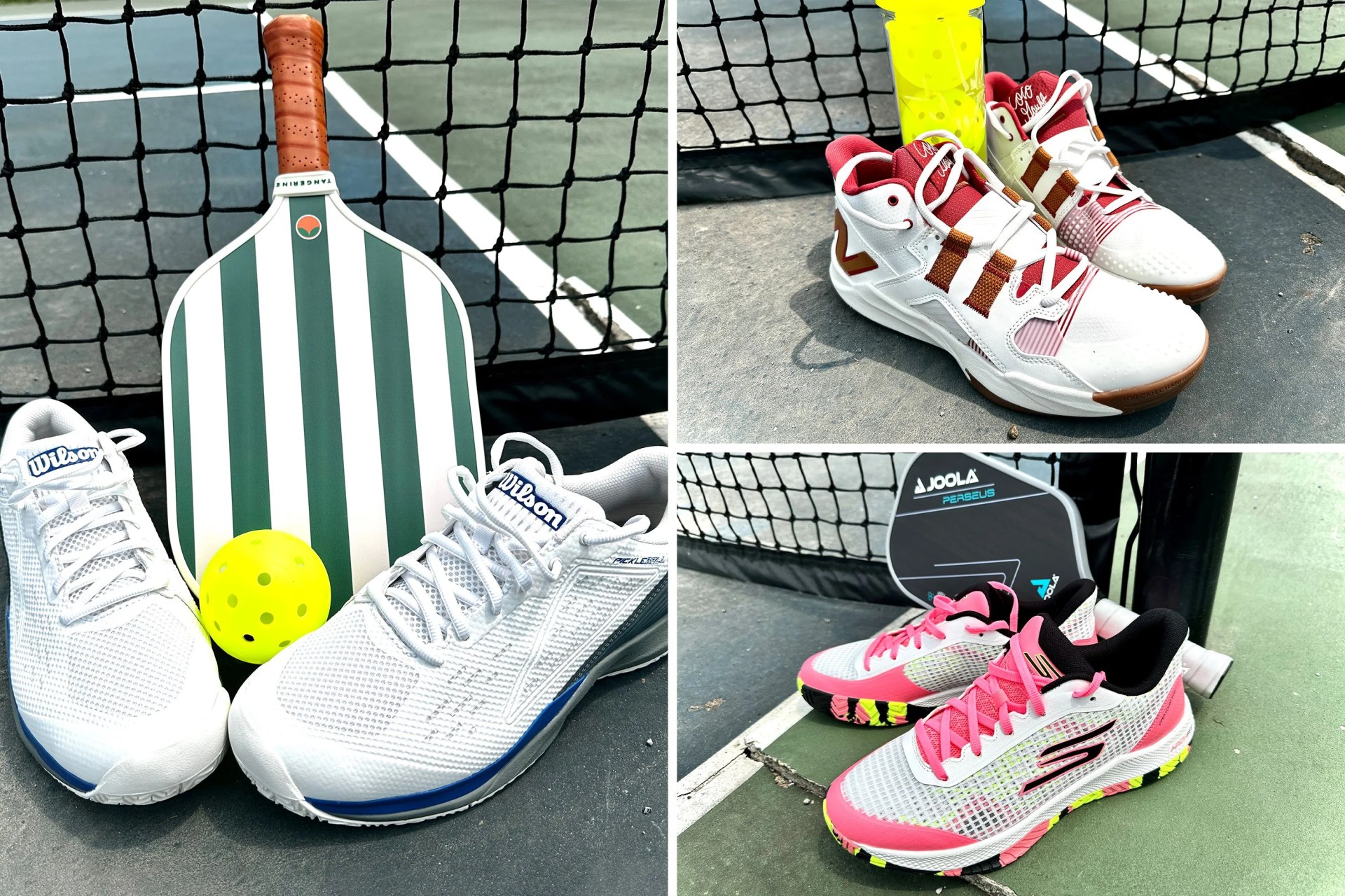 collage of pickleball shoes on a court