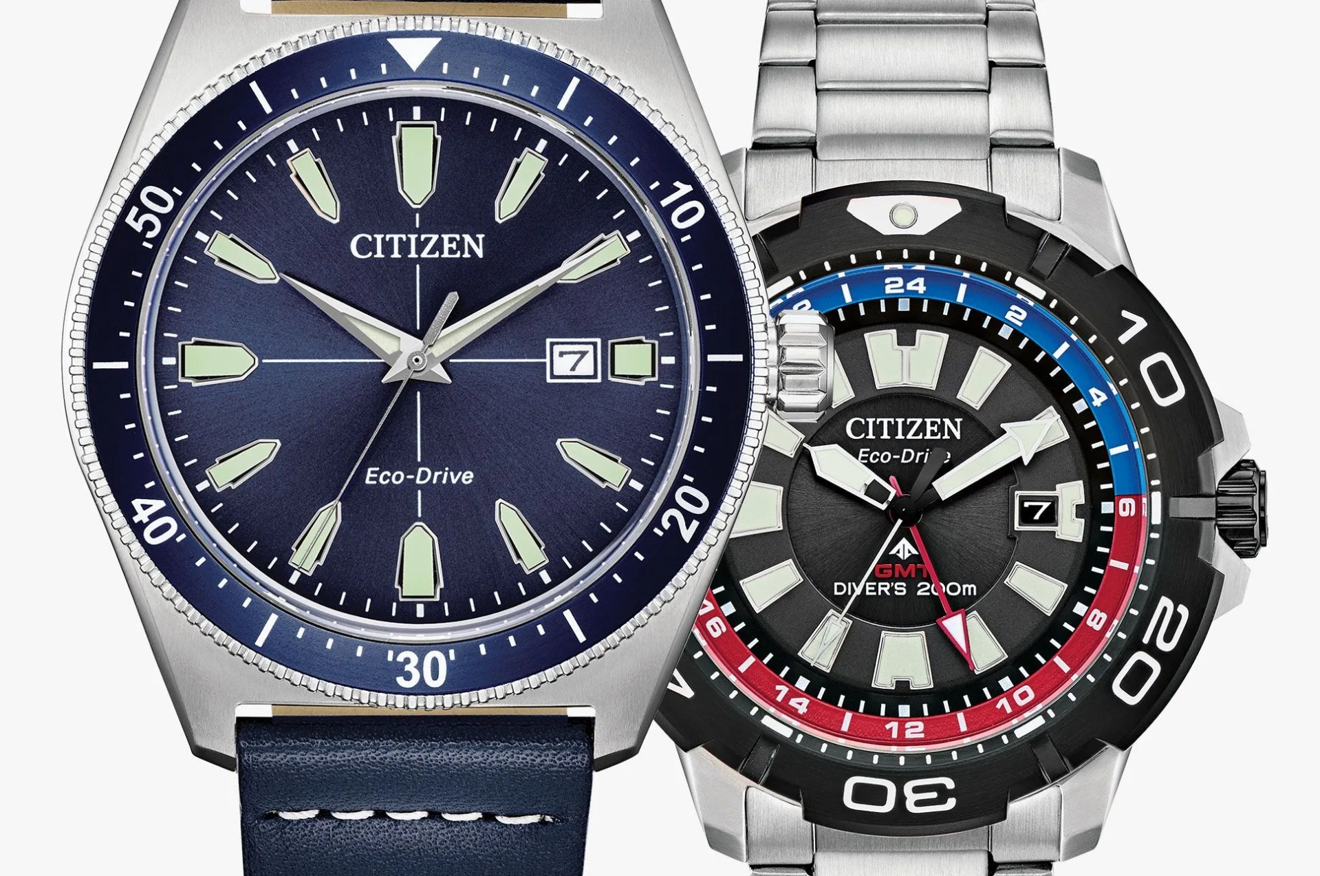 two colorful citizen drive watches side by side