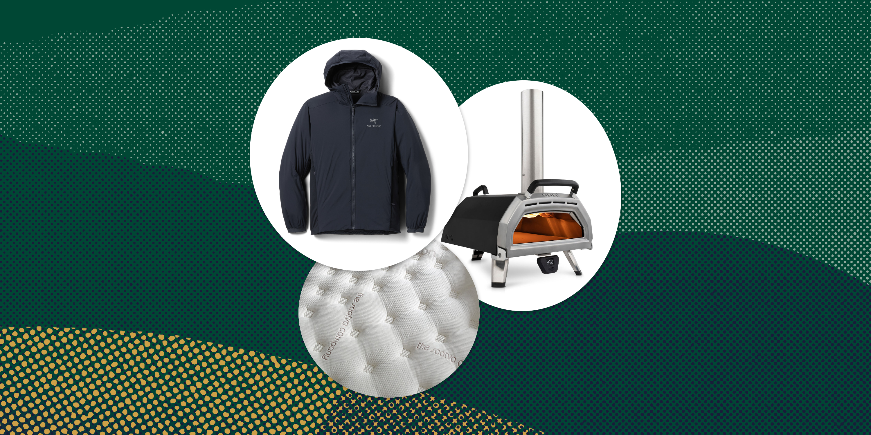 collage of a mattress, a jacket, and a pizza oven