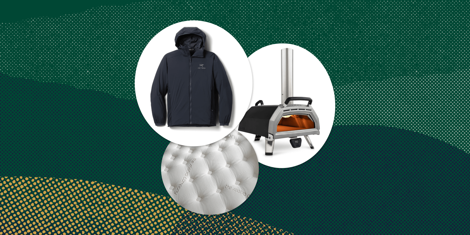 collage of a mattress, a jacket, and a pizza oven