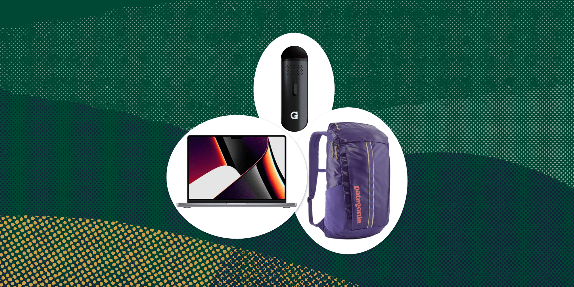 collage of a vape pen, a laptop, and a backpack