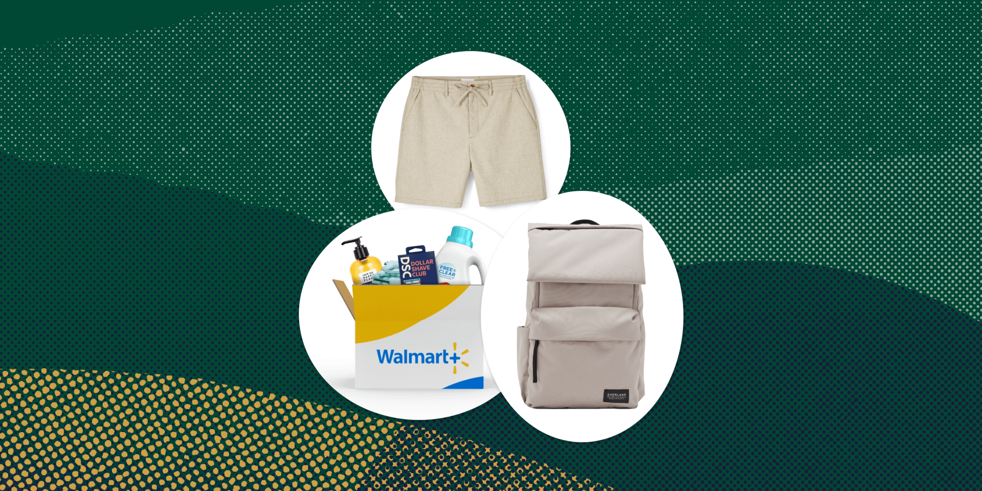 collage of a box from walmart, shorts, and a backpack