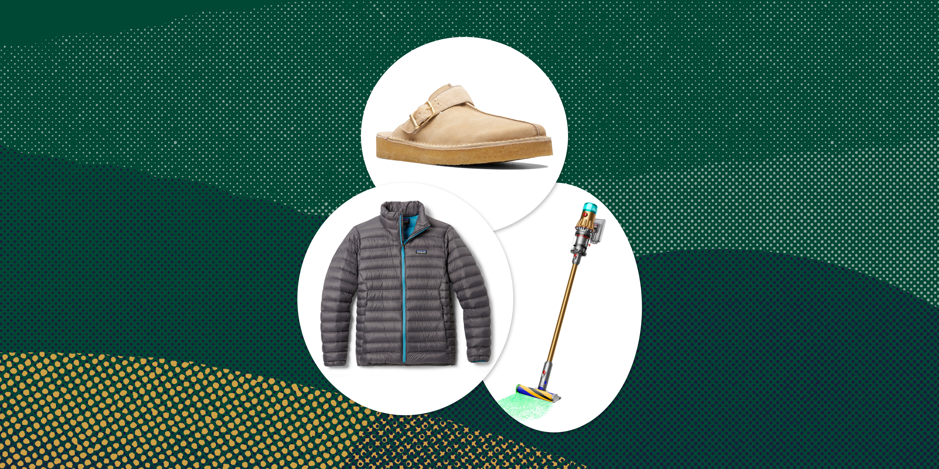 collage of a jacket, a shoe, and a vaccuum