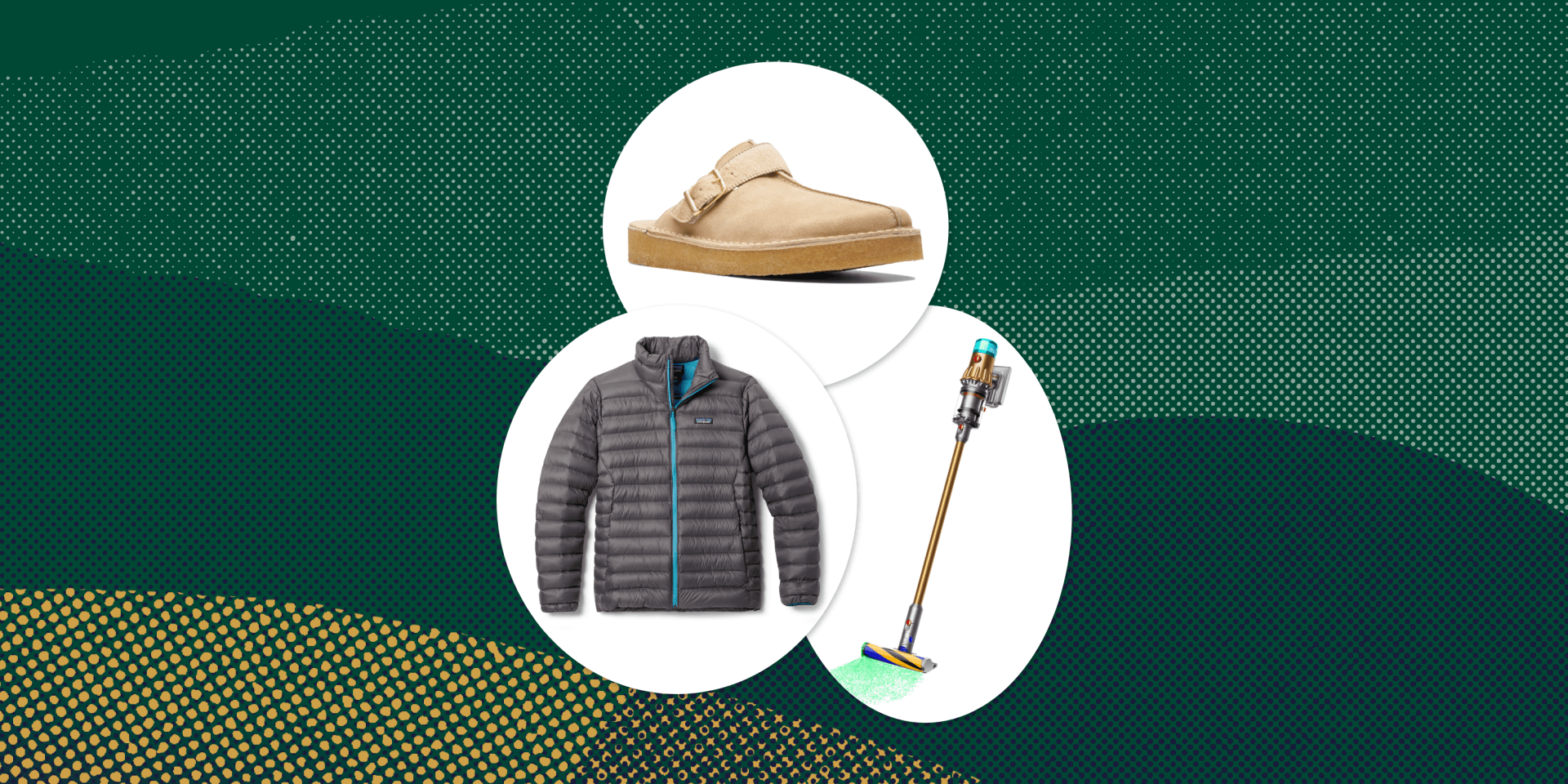 collage of a jacket, a shoe, and a vaccuum