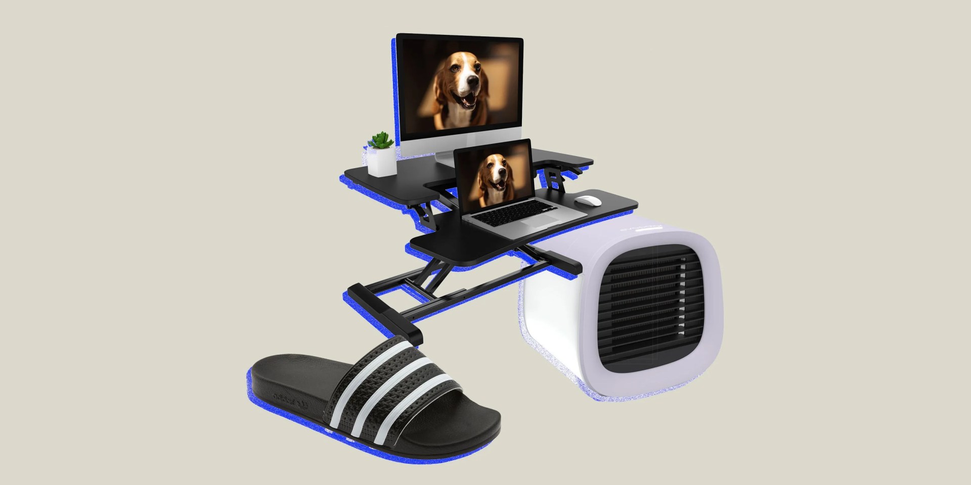 collage of a shoe, a standing desk adapter, and a portable a c unit
