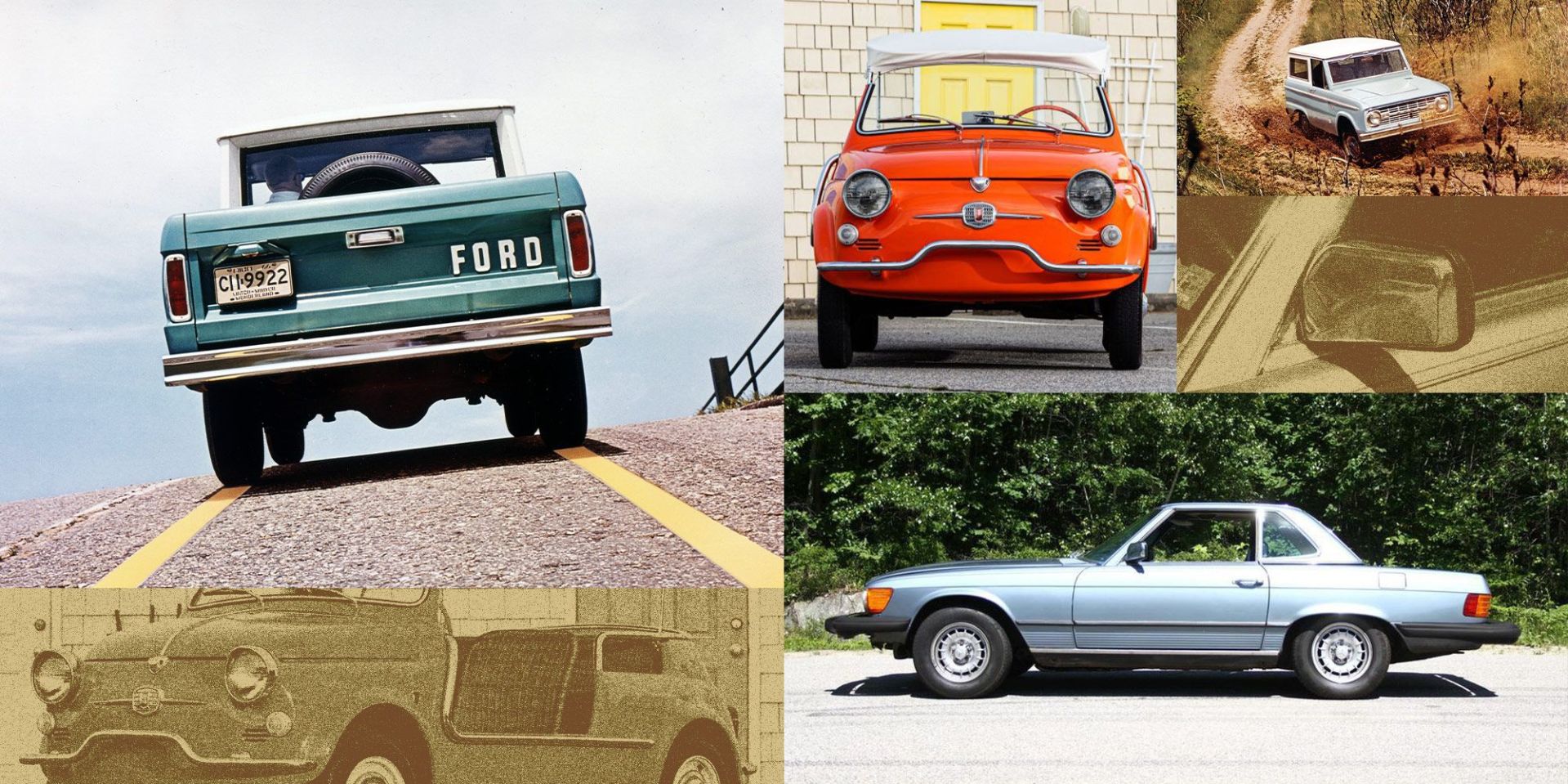 mercedes 450sl r107, ford bronco, and fiat 500 jolly ghia