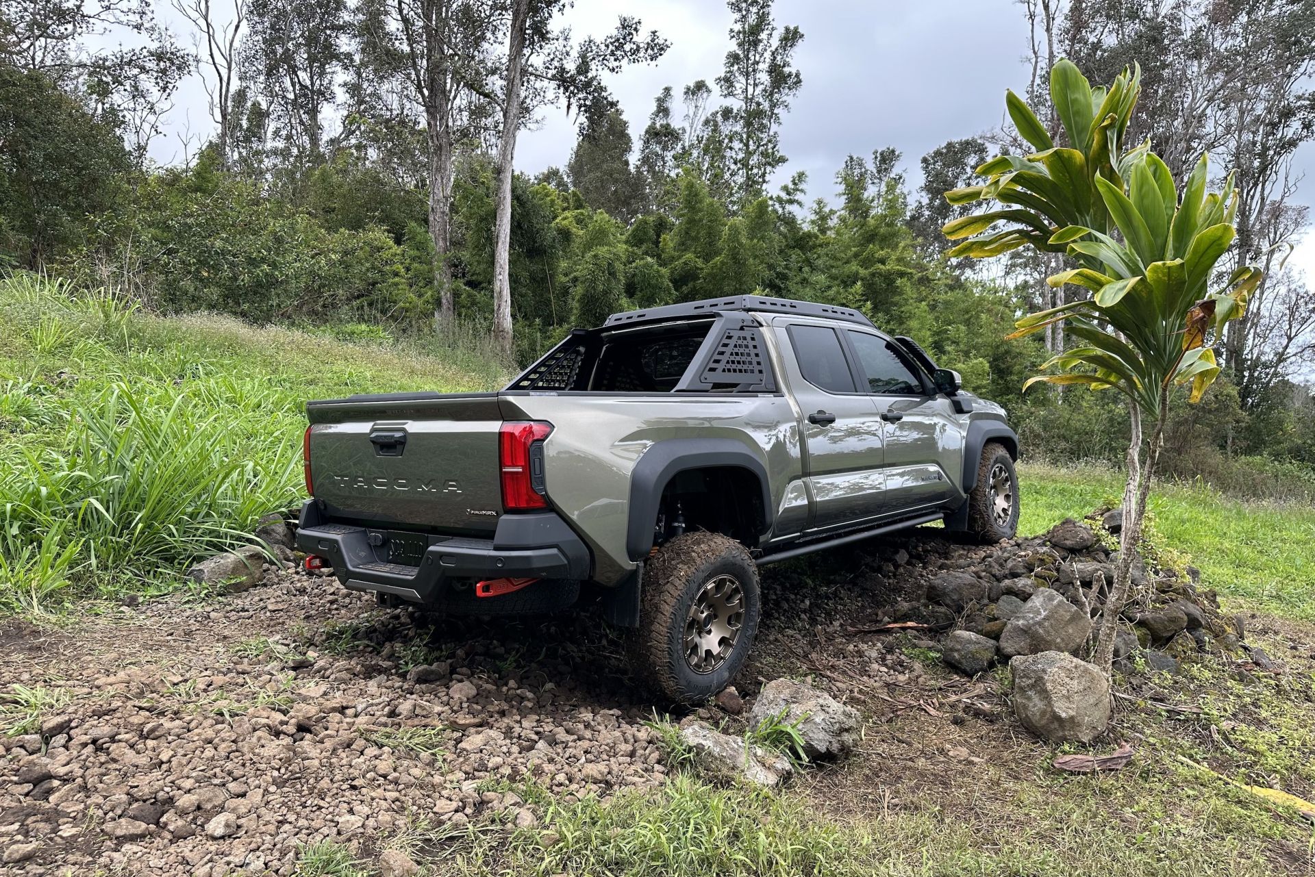 toyota tacoma trailhunter trim perched on rocks