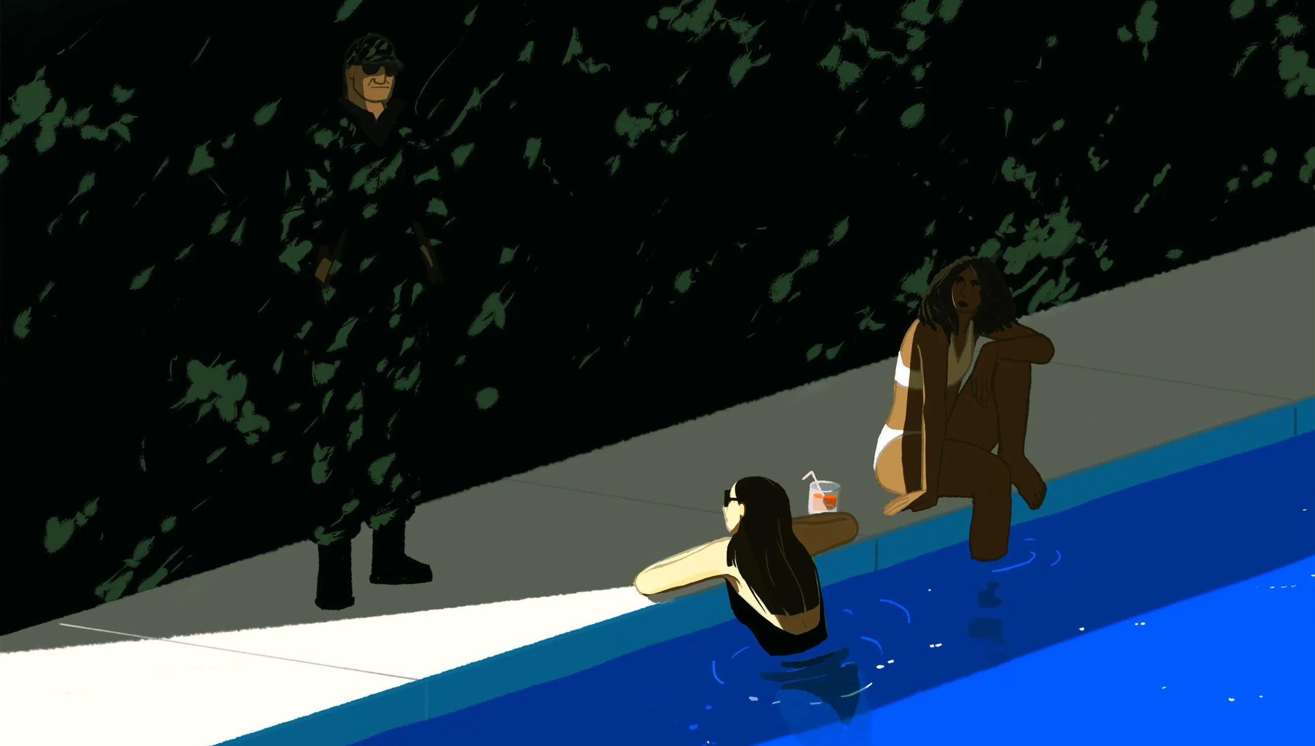 an illustration showing two women lounging by a pool partially shadowed by a wall of greenery with a camouflaged man close by