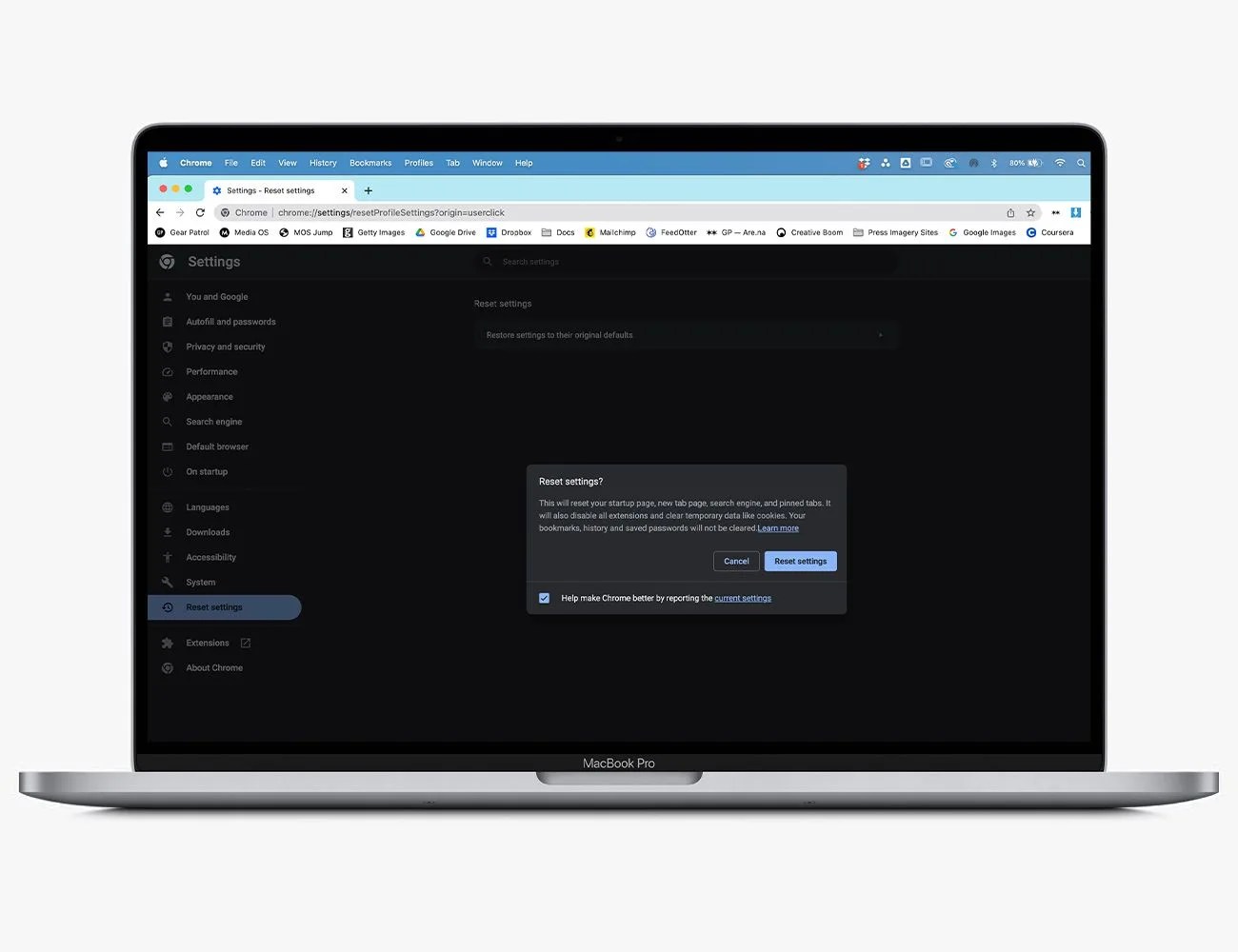 laptop with chrome settings tab open