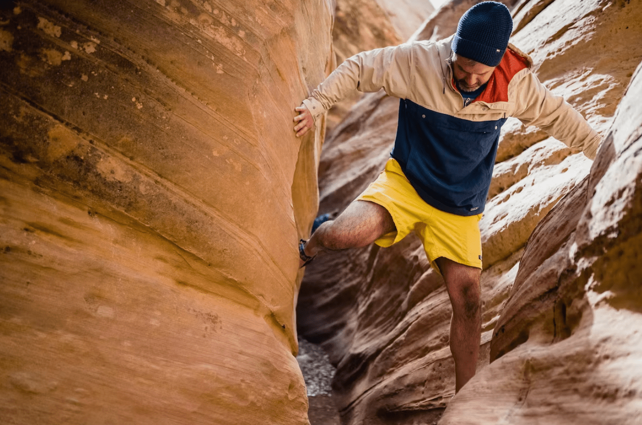 person hiking wearing patagonia baggies