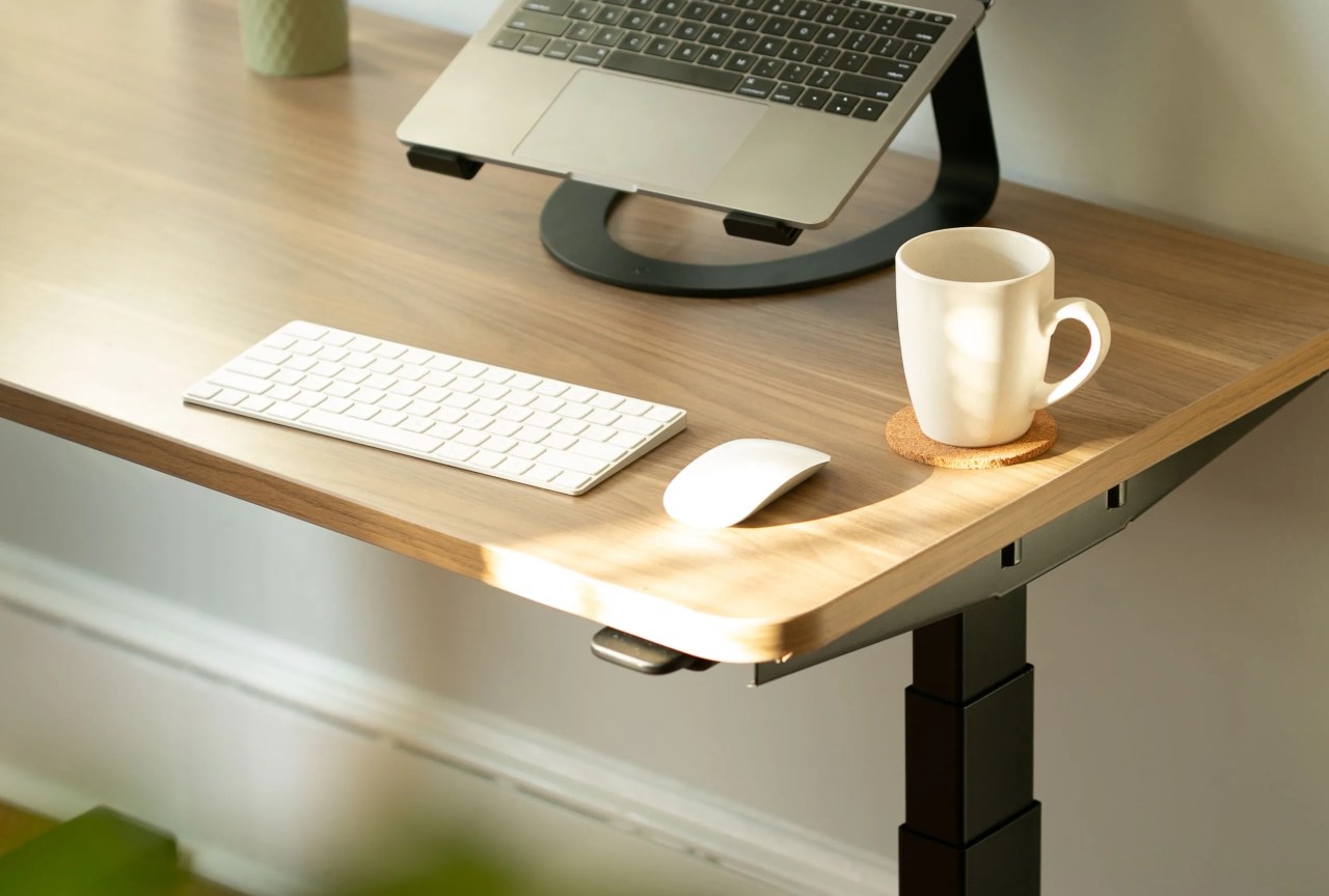 standing desk with coffee