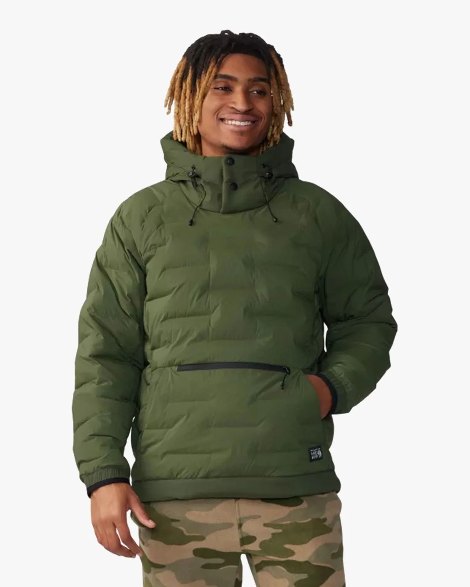 man wearing mountain hardwear men's stretchdown™ popover hoody