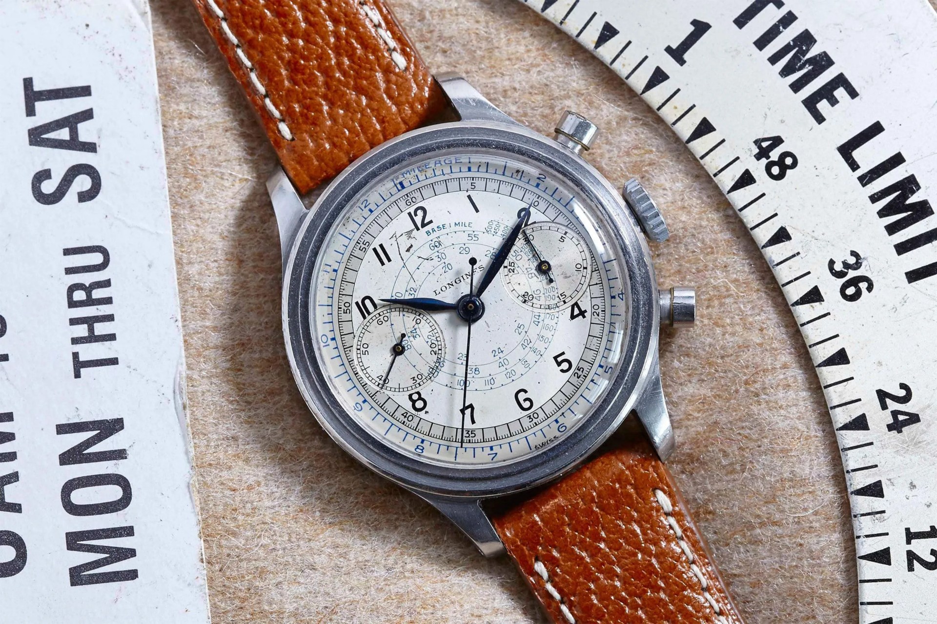 vintage chronograph watch laid flat on a table
