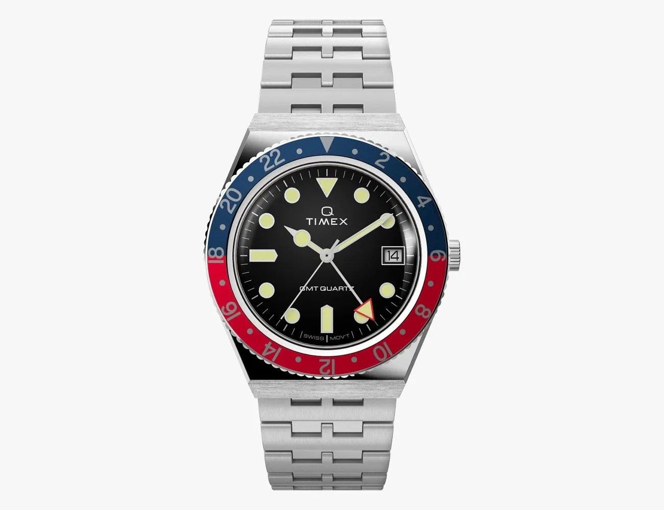 q timex gmt 38mm stainless steel bracelet watch